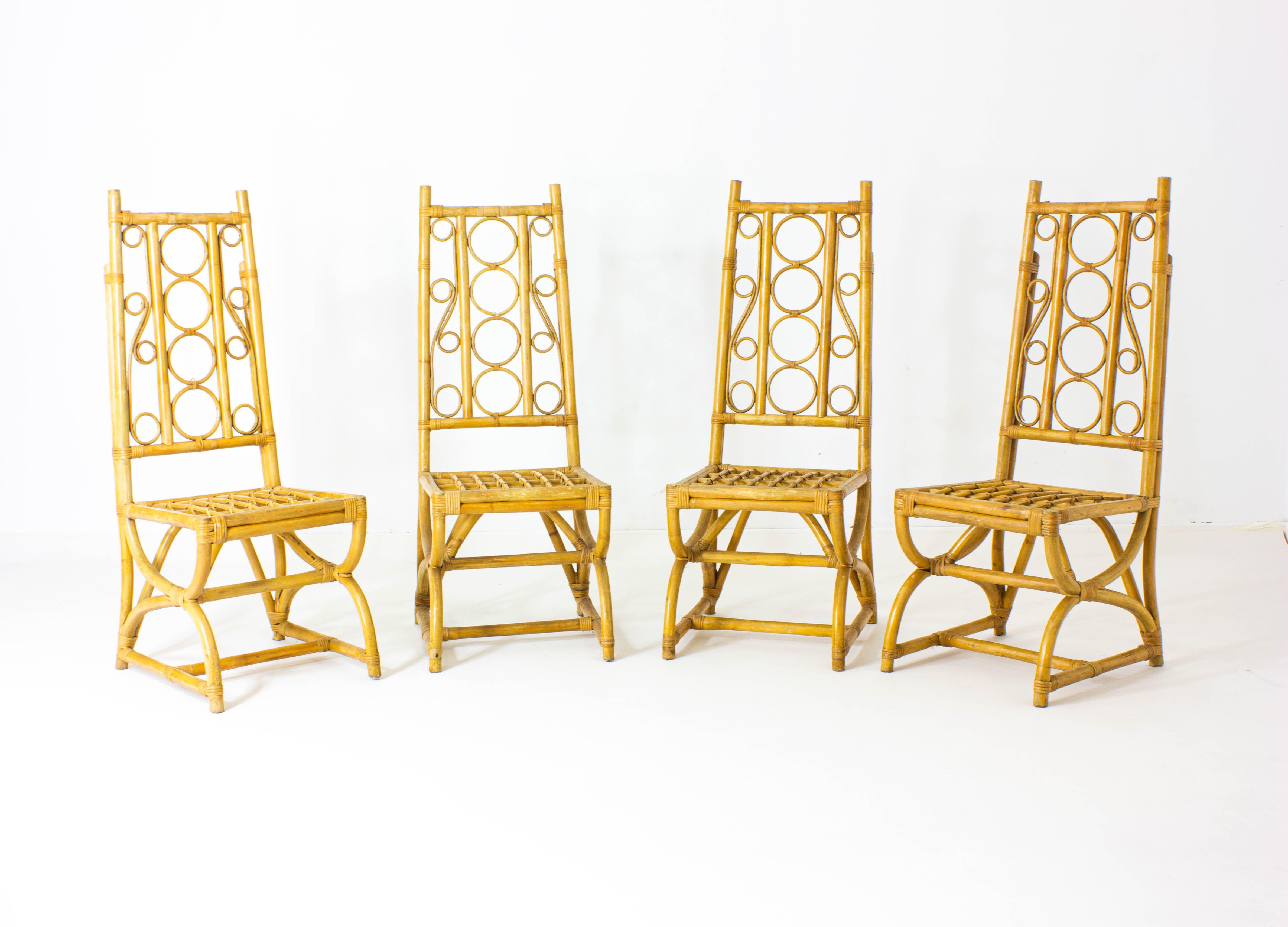 Rare set of tropical bamboo and rattan dining chairs. Evoke the feeling of lounging in Miami in the 80s. What’s missing is a mojito, a sunset, and an ocean view.