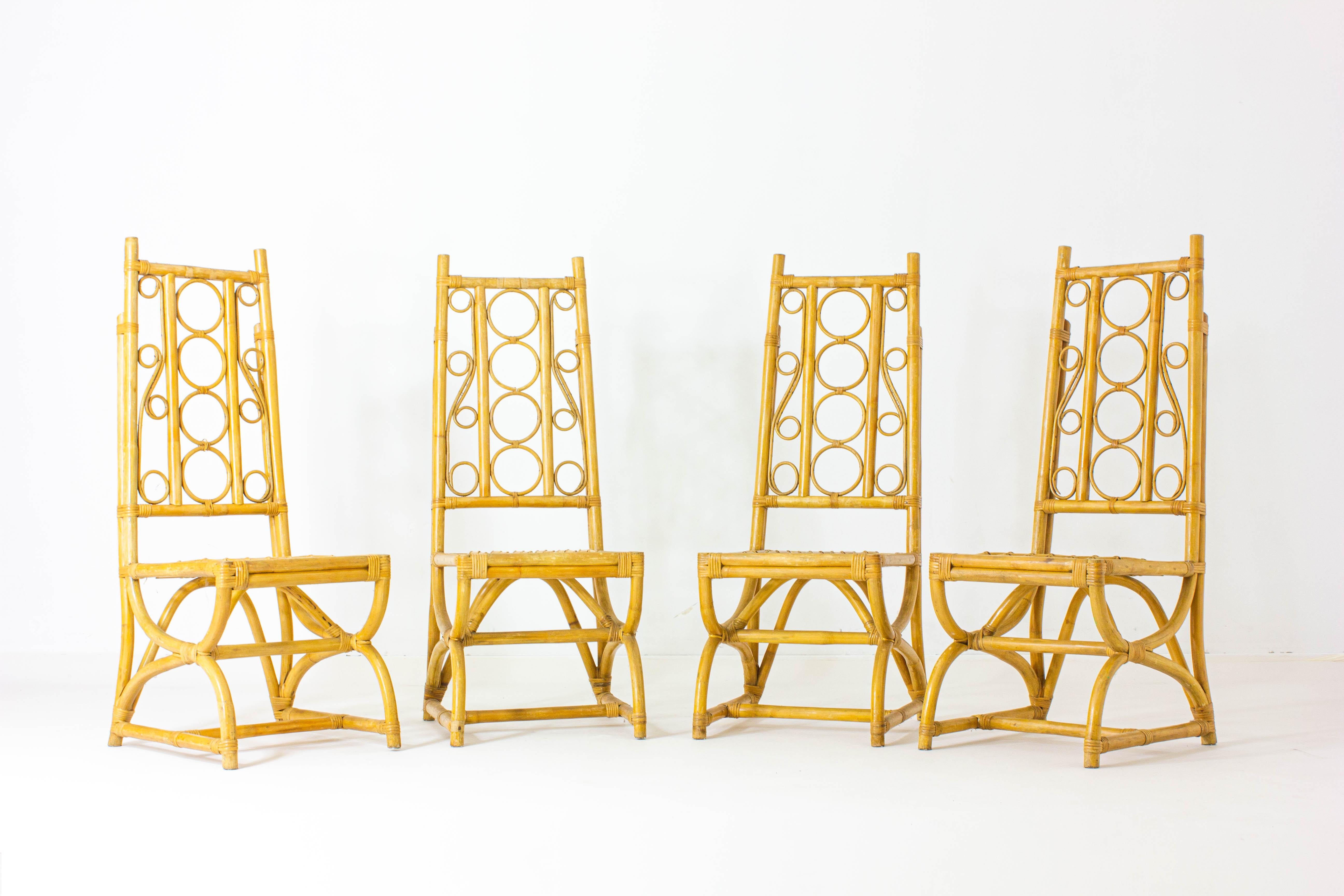 Belgian Set of 4 tropically ornate bamboo chairs. For Sale