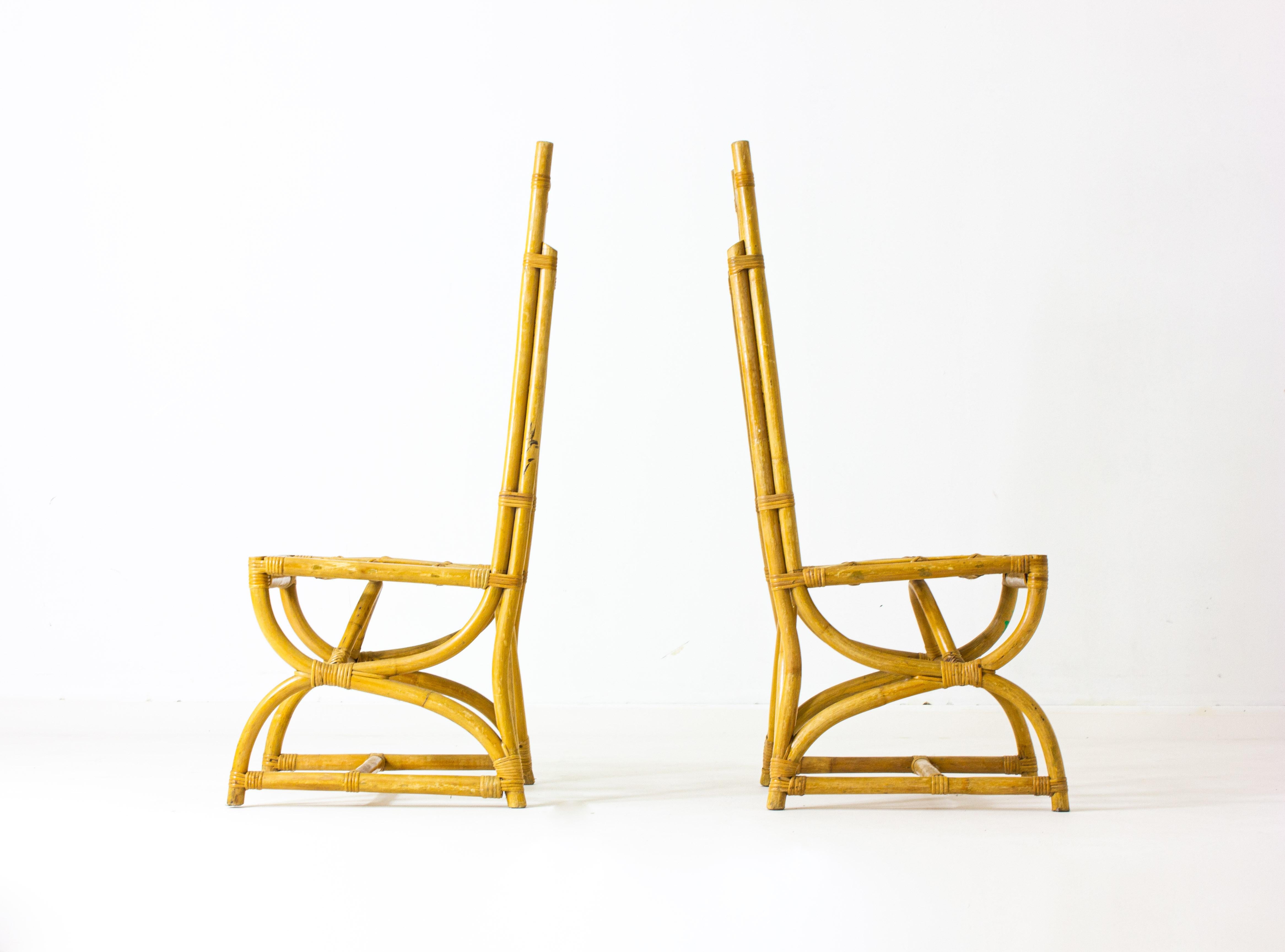 Late 20th Century Set of 4 tropically ornate bamboo chairs. For Sale