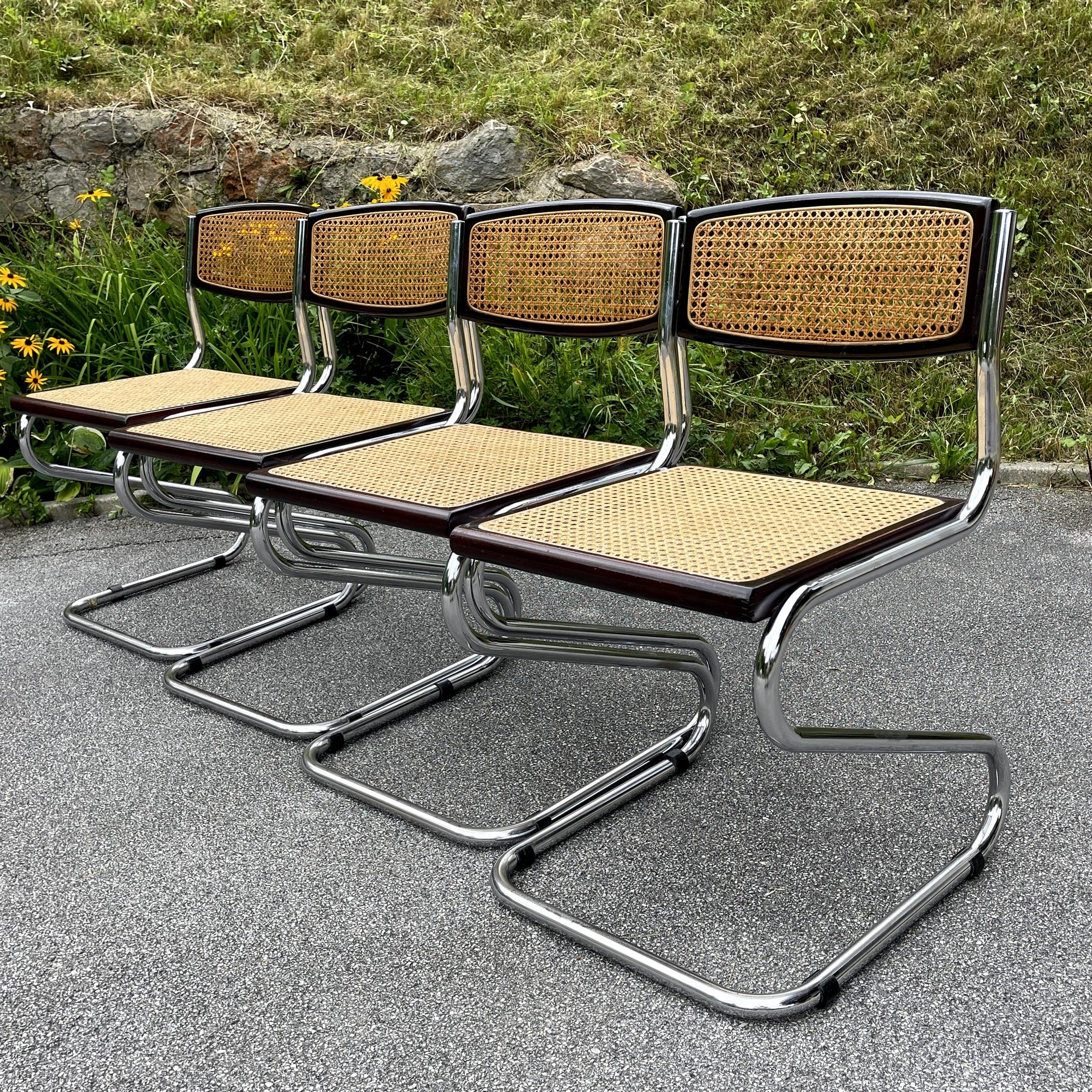Set of 4 Tubular Frame and Cane Cantilever Zigzag Dining Chairs, Italy, 1970s 3