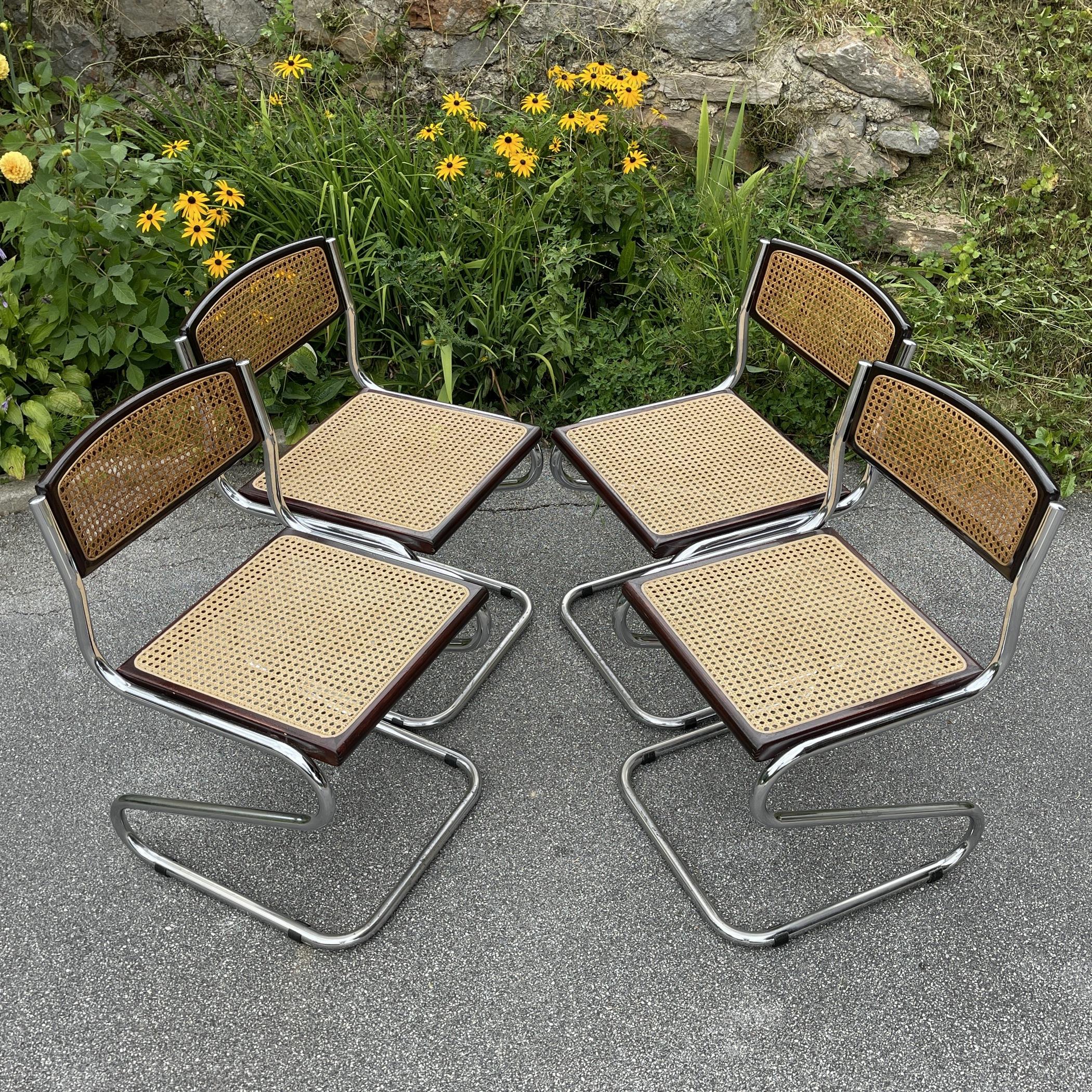 Set of 4 Tubular Frame and Cane Cantilever Zigzag Dining Chairs, Italy, 1970s 5