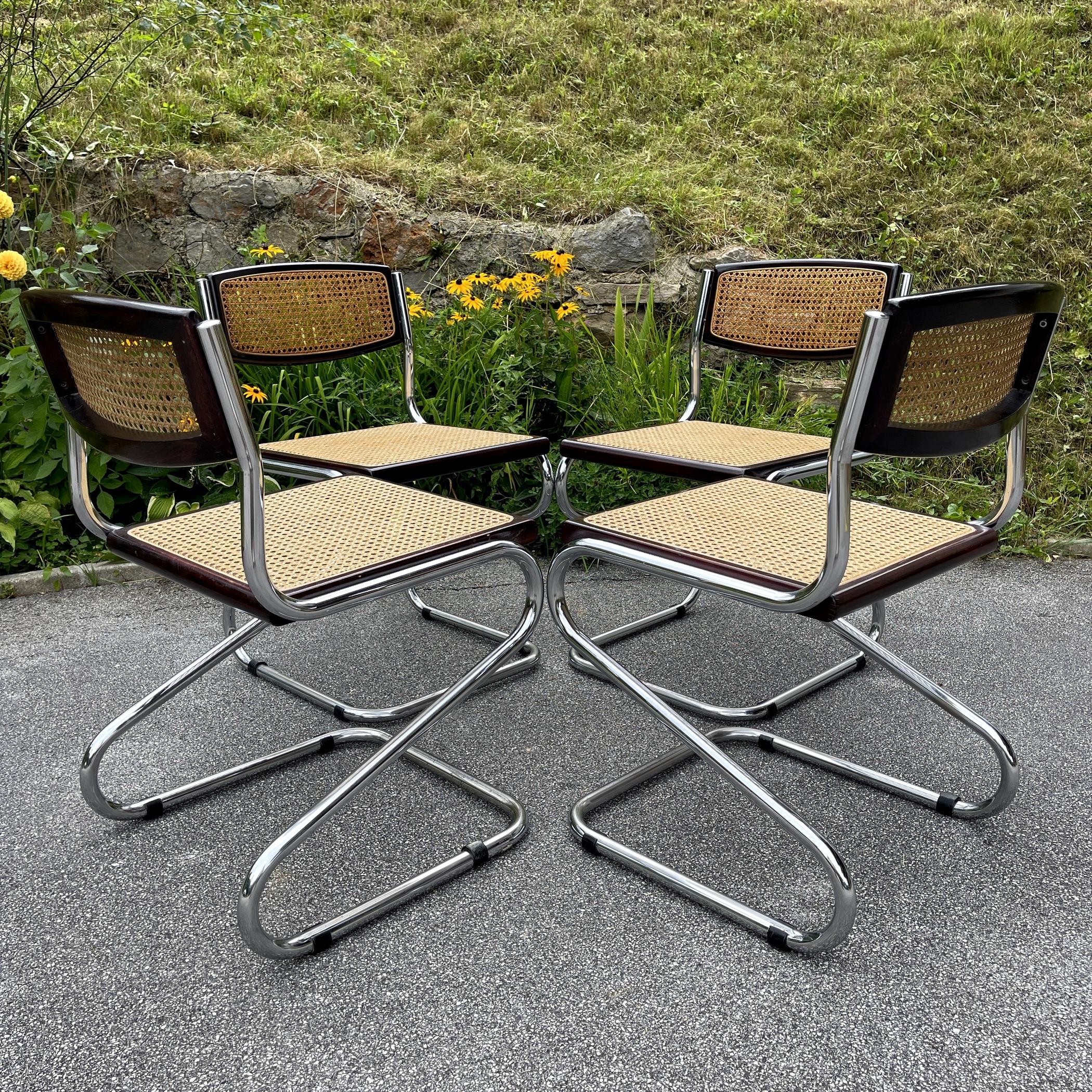 Set of 4 Tubular Frame and Cane Cantilever Zigzag Dining Chairs, Italy, 1970s 6
