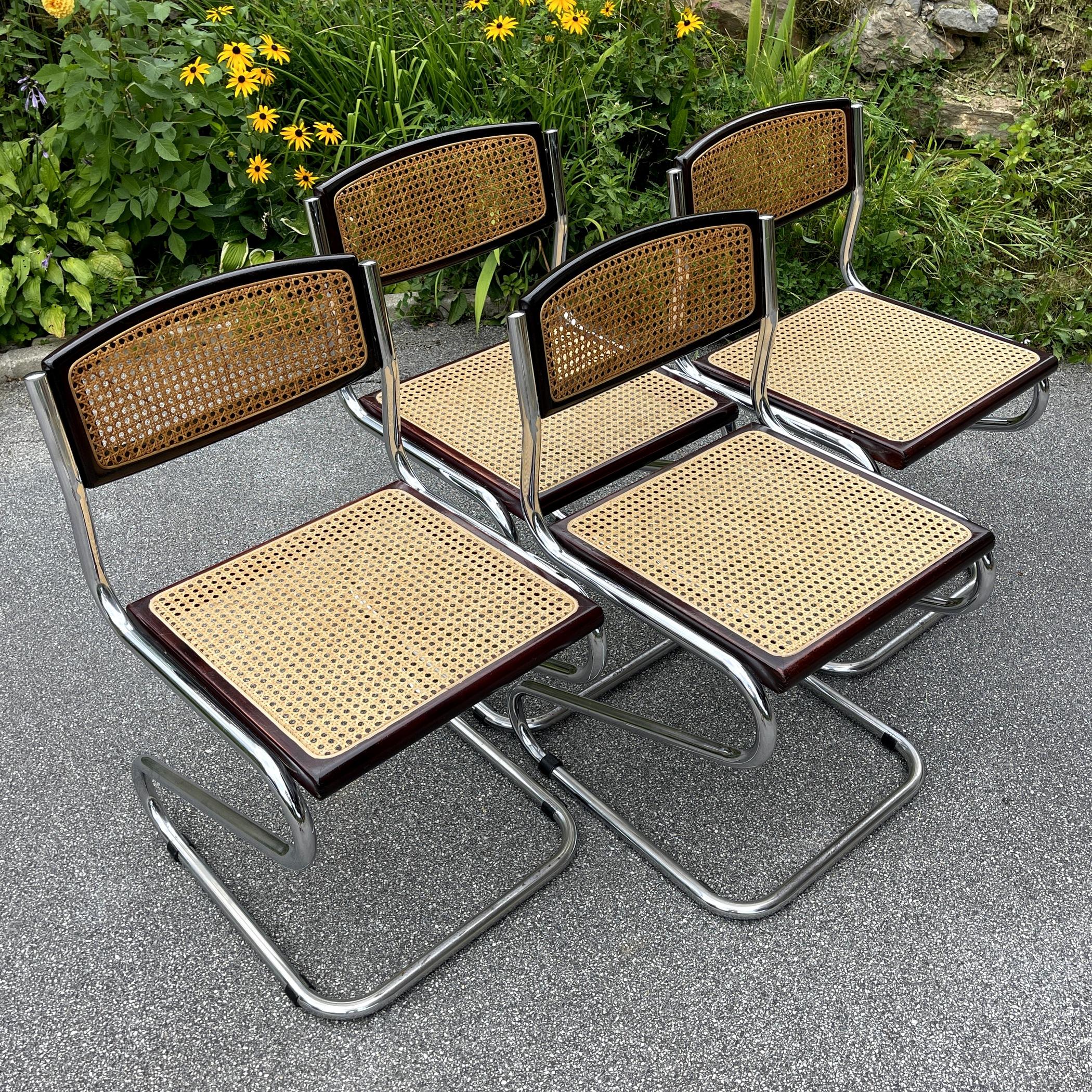 Extremely comfortable and amazing chairs Cesca style. The design was developed by Marcel Breuer in 1928. These chairs were made in Italy in the 1970s. Preserved in excellent condition. The original mesh made of natural rattan has not torn. The