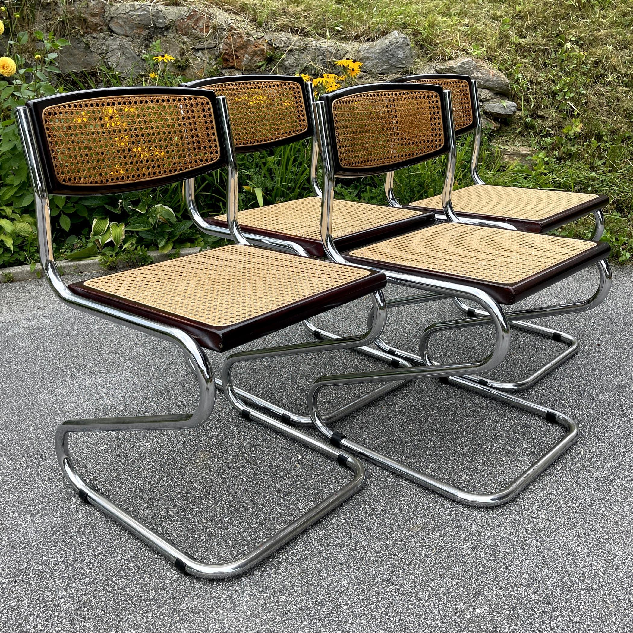 Mid-Century Modern Set of 4 Tubular Frame and Cane Cantilever Zigzag Dining Chairs, Italy, 1970s