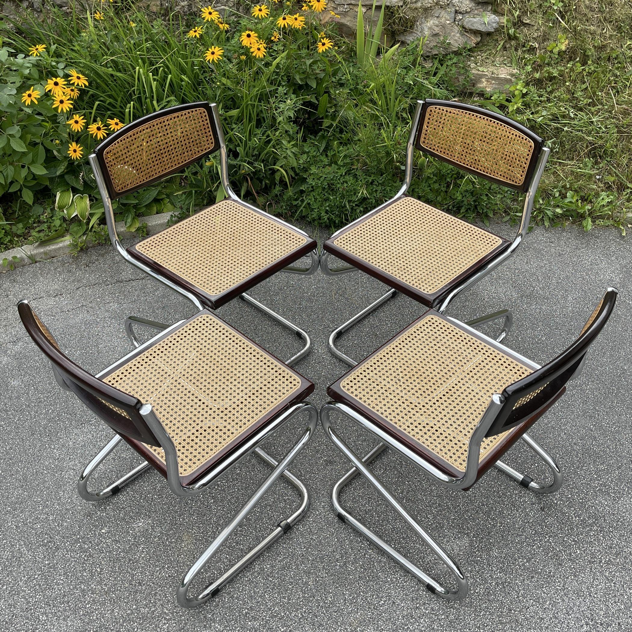 Italian Set of 4 Tubular Frame and Cane Cantilever Zigzag Dining Chairs, Italy, 1970s