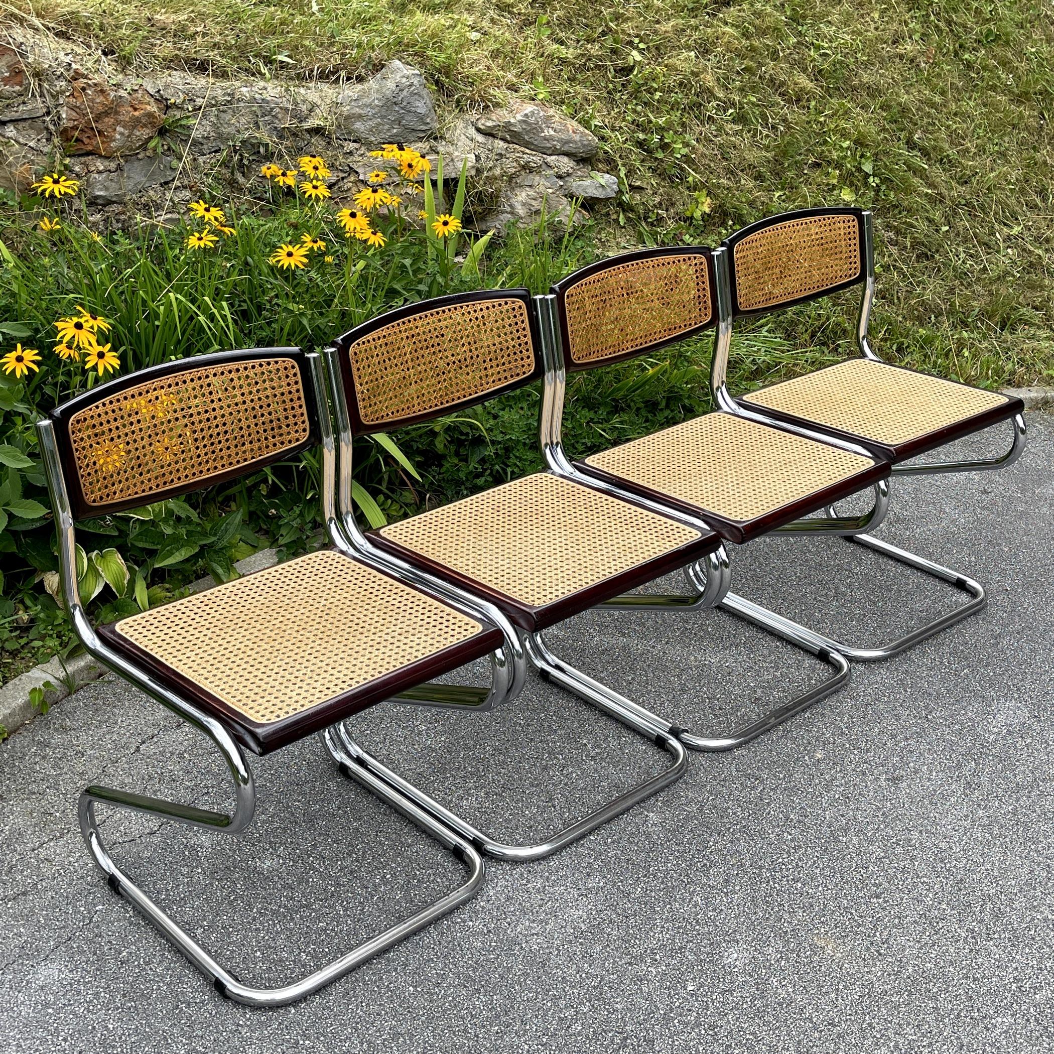 Set of 4 Tubular Frame and Cane Cantilever Zigzag Dining Chairs, Italy, 1970s In Good Condition In Miklavž Pri Taboru, SI