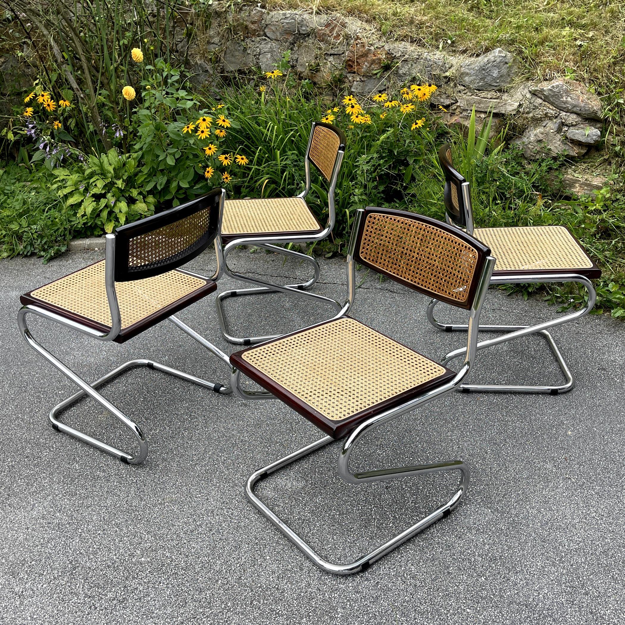 Metal Set of 4 Tubular Frame and Cane Cantilever Zigzag Dining Chairs, Italy, 1970s