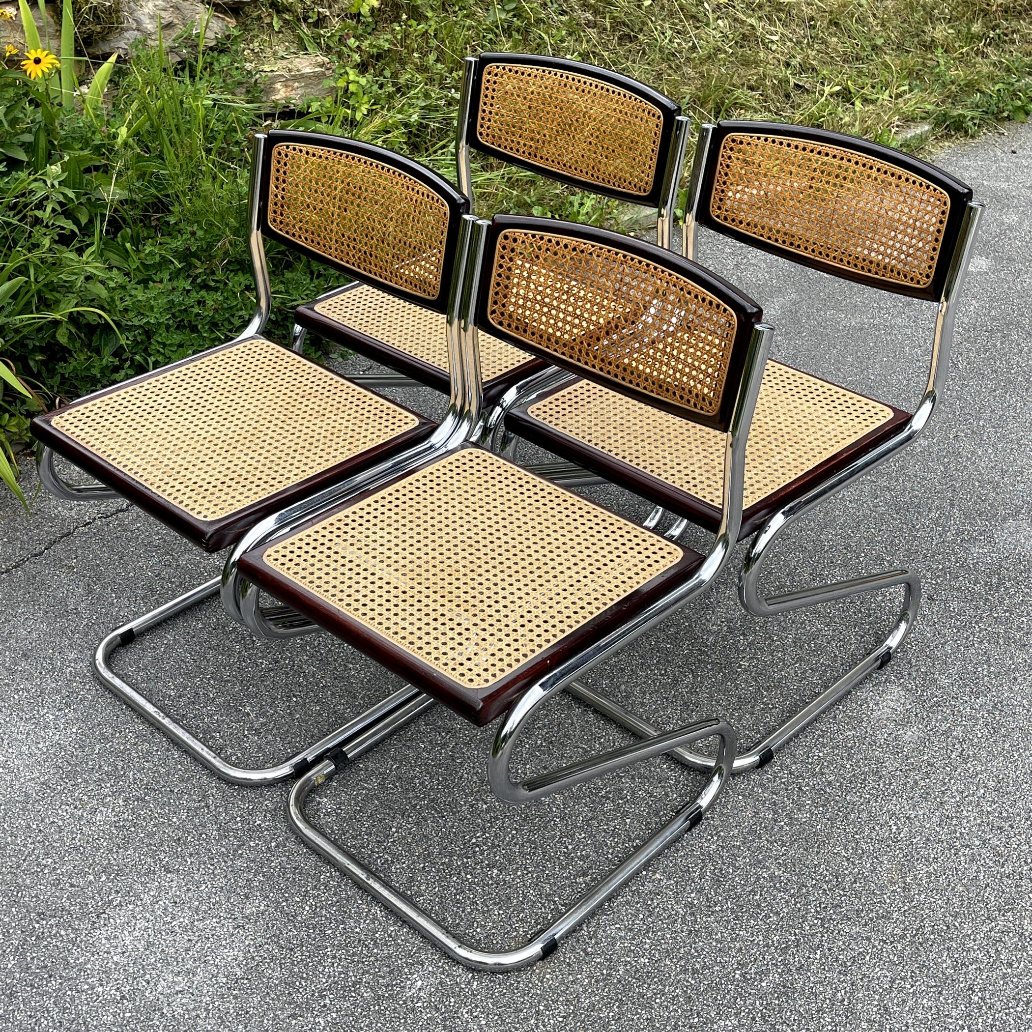 Set of 4 Tubular Frame and Cane Cantilever Zigzag Dining Chairs, Italy, 1970s 1