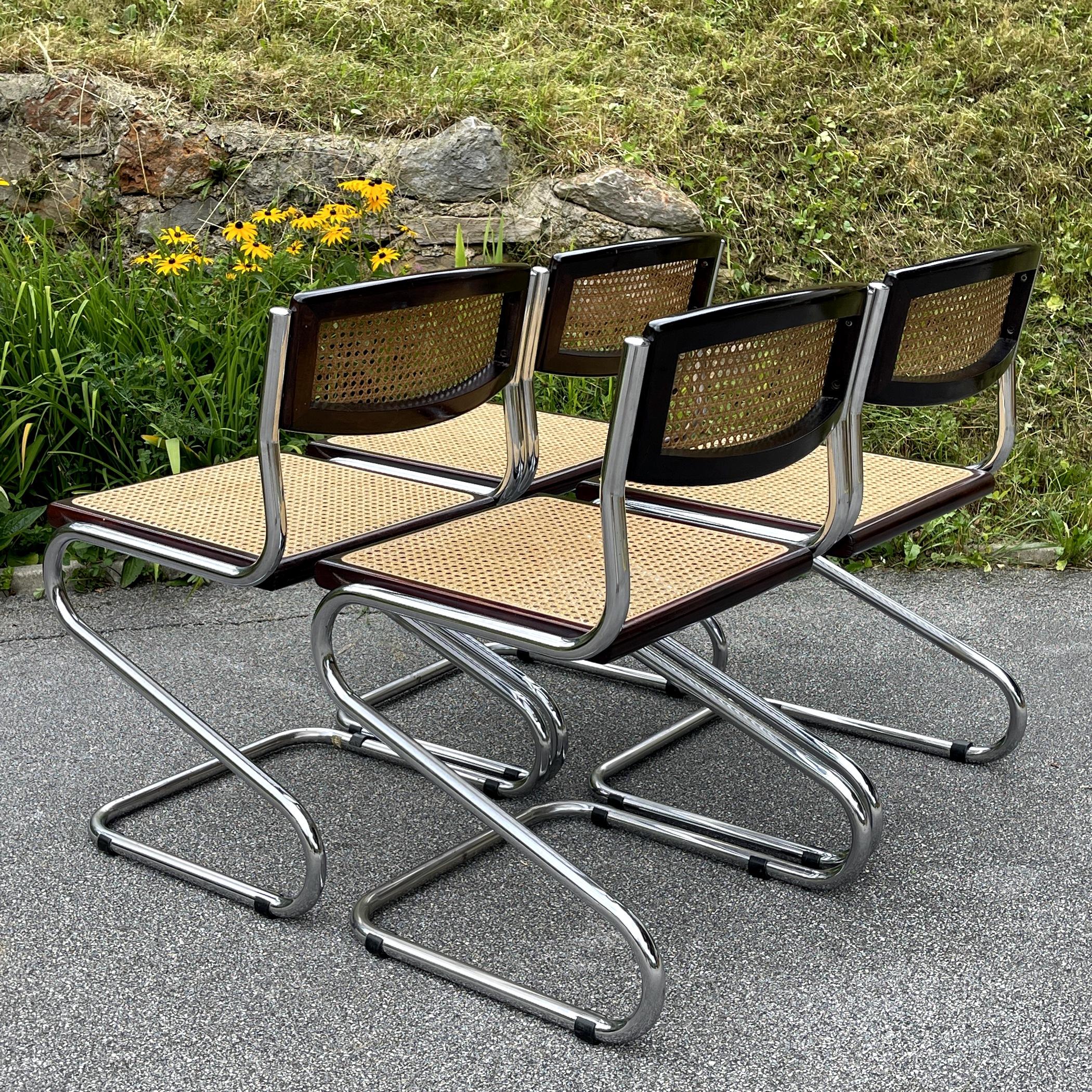 Set of 4 Tubular Frame and Cane Cantilever Zigzag Dining Chairs, Italy, 1970s 2