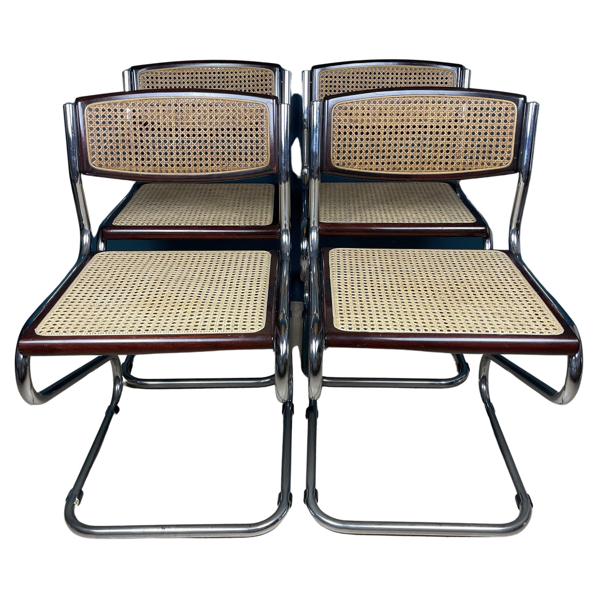 Set of 4 Tubular Frame and Cane Cantilever Zigzag Dining Chairs, Italy, 1970s