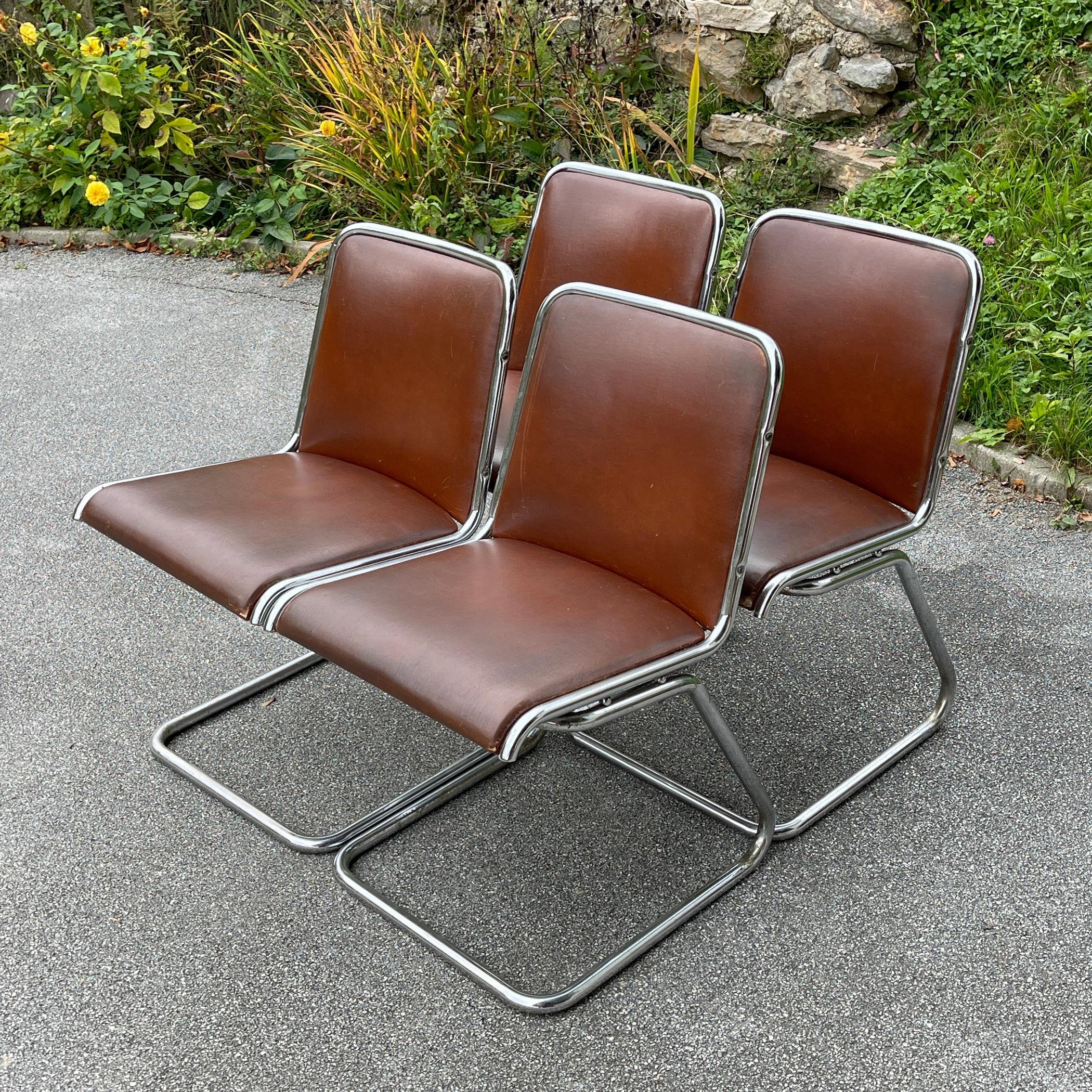 Mid-Century Modern Set of 4 Tubular Frame Cantilever Dining Chairs, Italy, 1970s