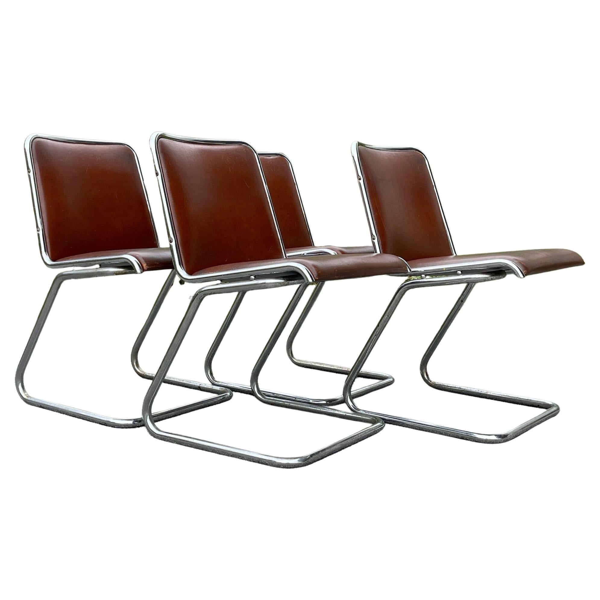 Set of 4 Tubular Frame Cantilever Dining Chairs, Italy, 1970s