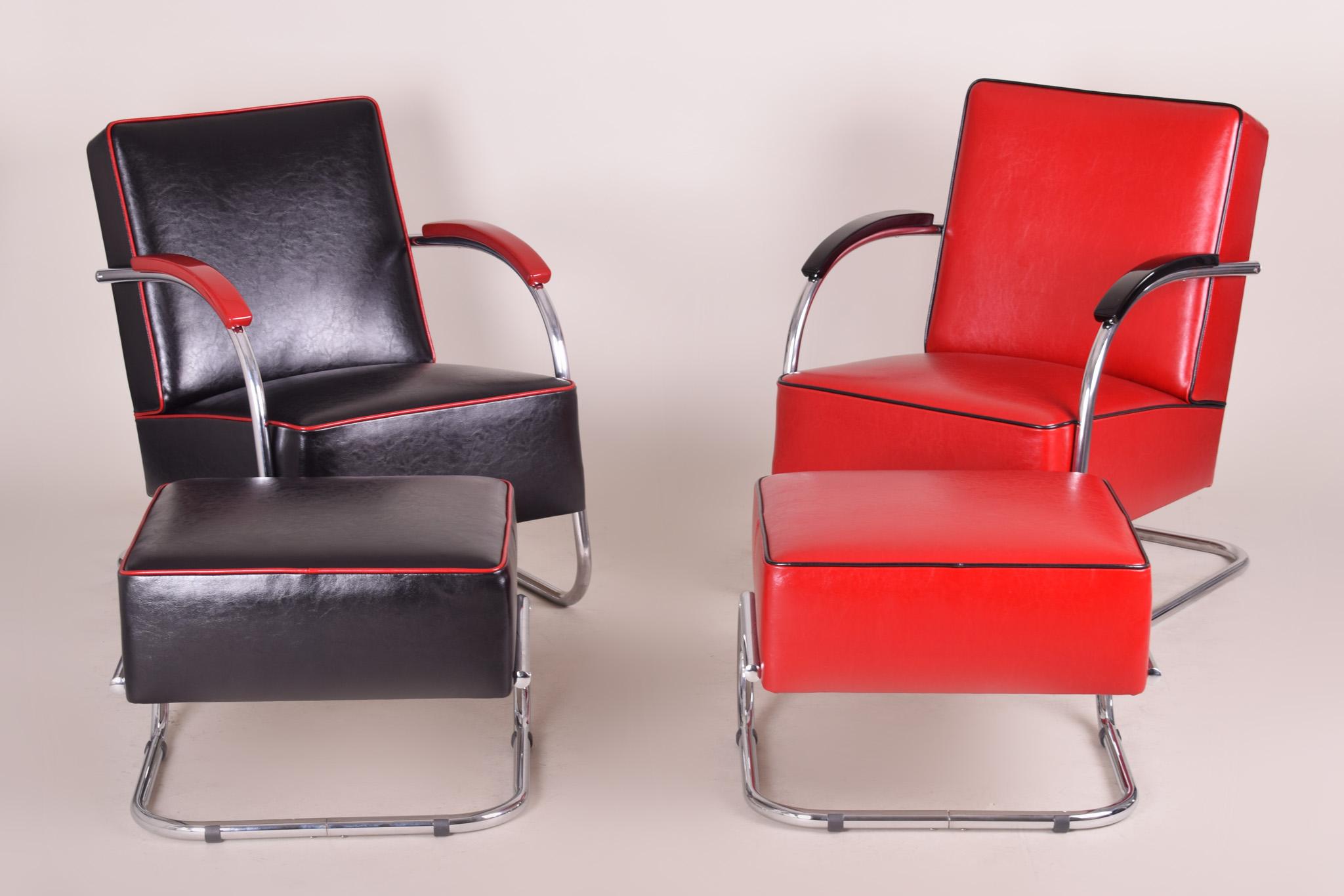 Art Deco Set of 4 Tubular Steel Chrome Armchairs and 2 Stools, New Leather Upholstery For Sale