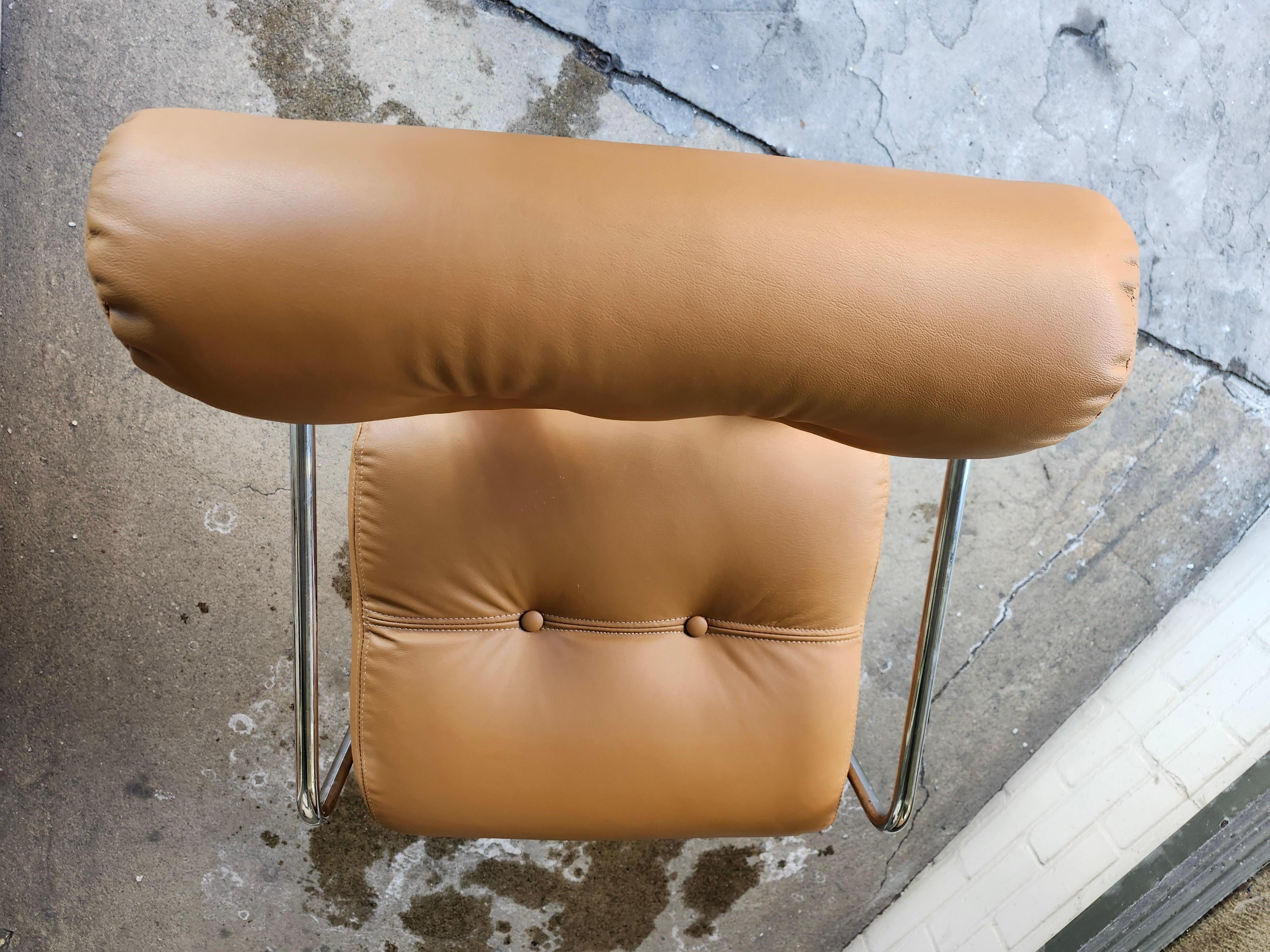 Fabulous set of 4 Totally Restored Tucroma chairs by Guido Faleschini for Pace C1970. Chairs were heavily used and well maintained by the former owners but needed an update. Leather was worn. So we had them totally rebuild the uphostery with all new