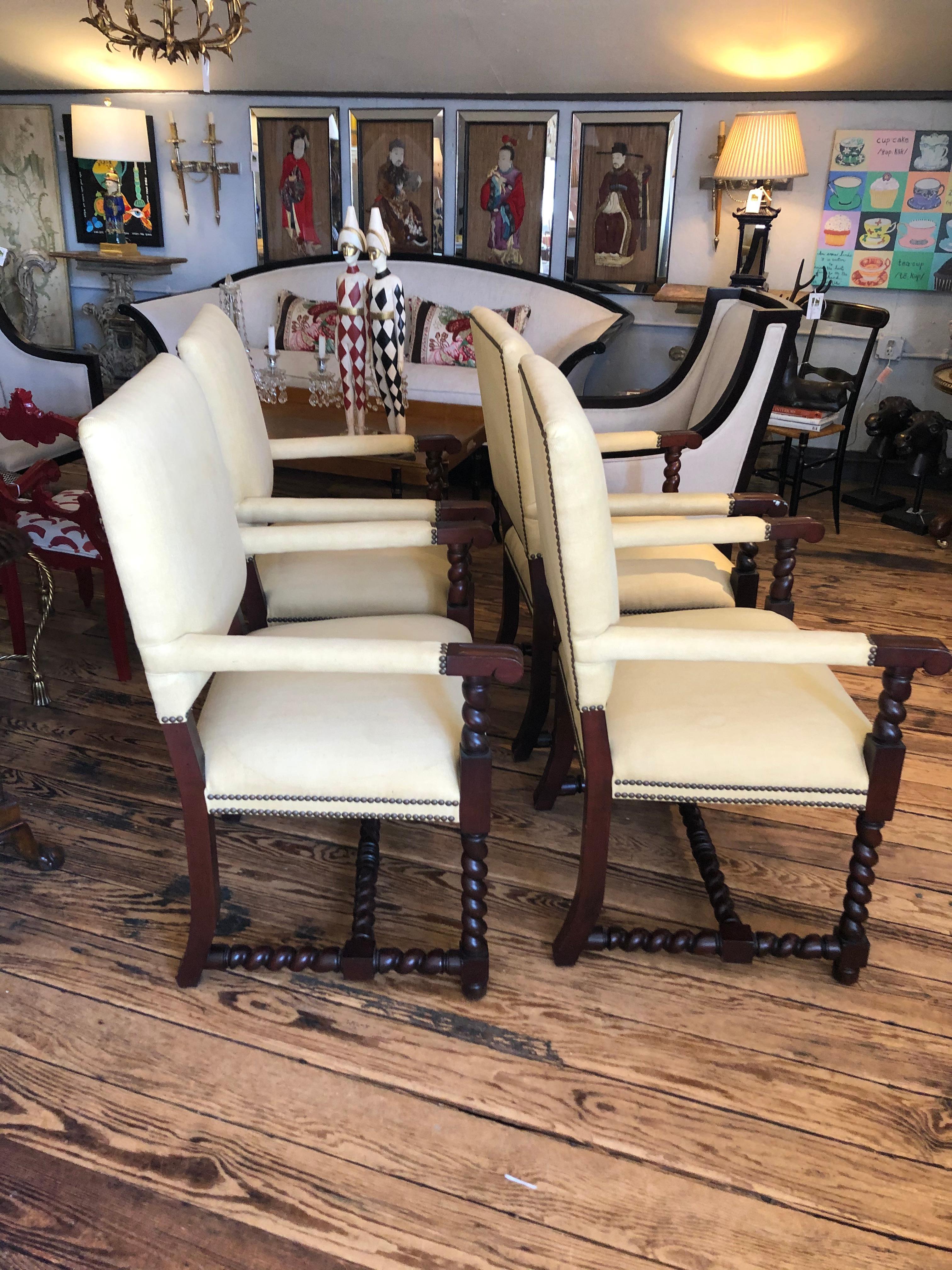 Set of 4 Tudor Style Mahogany Armchairs Dining Chairs with Barley Twist Legs 5