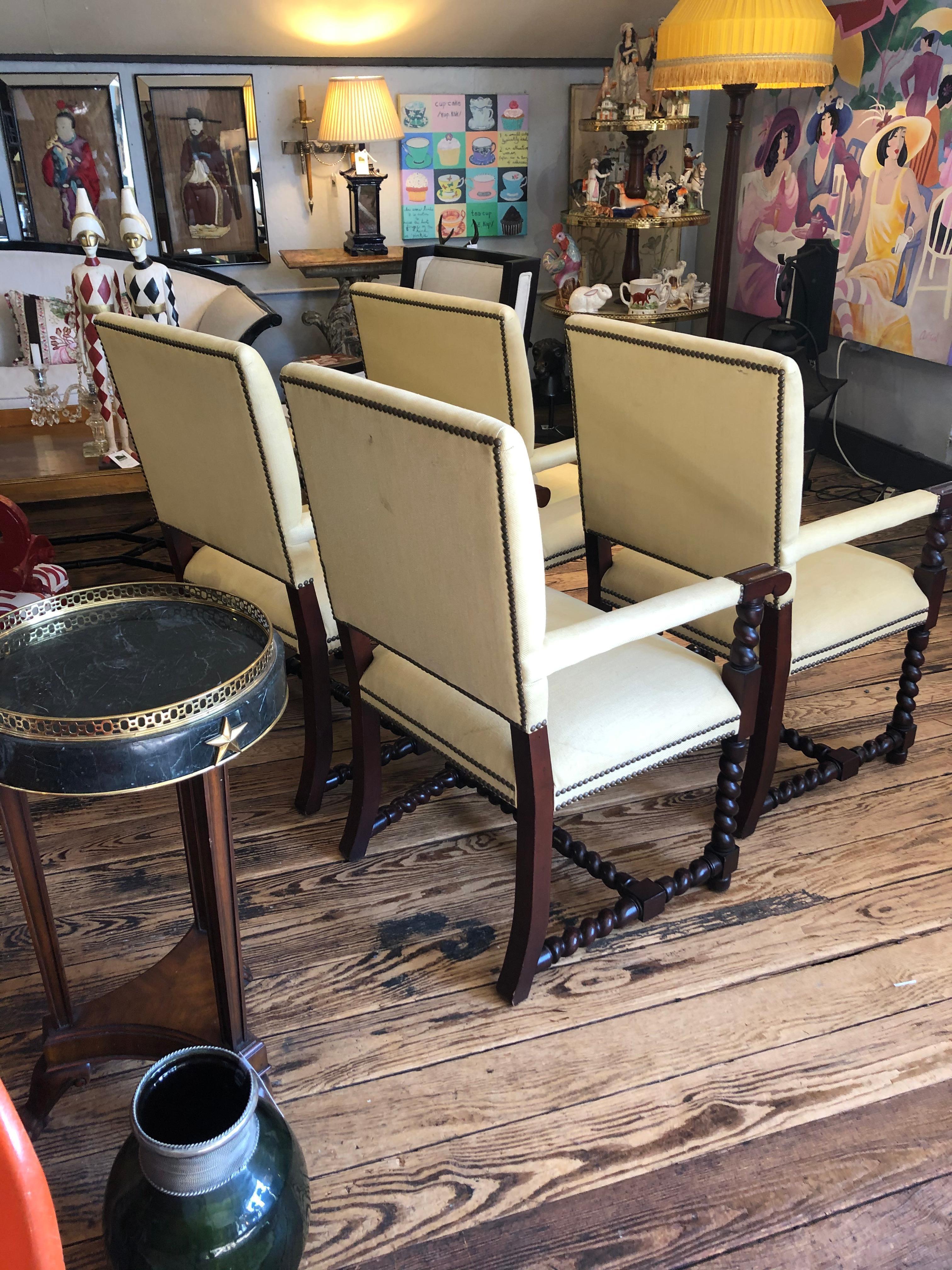 Set of 4 Tudor Style Mahogany Armchairs Dining Chairs with Barley Twist Legs In Good Condition In Hopewell, NJ