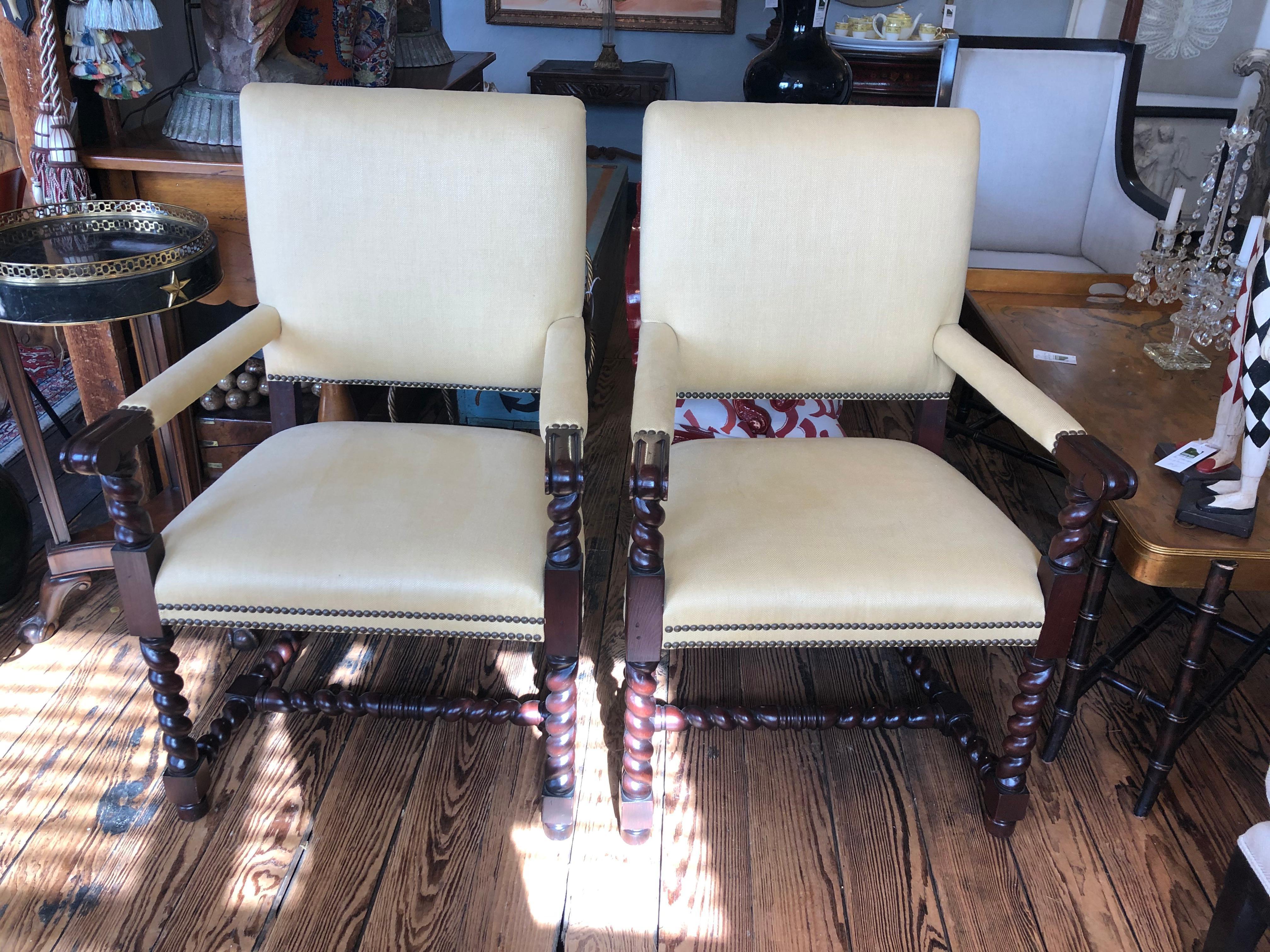 Mid-20th Century Set of 4 Tudor Style Mahogany Armchairs Dining Chairs with Barley Twist Legs