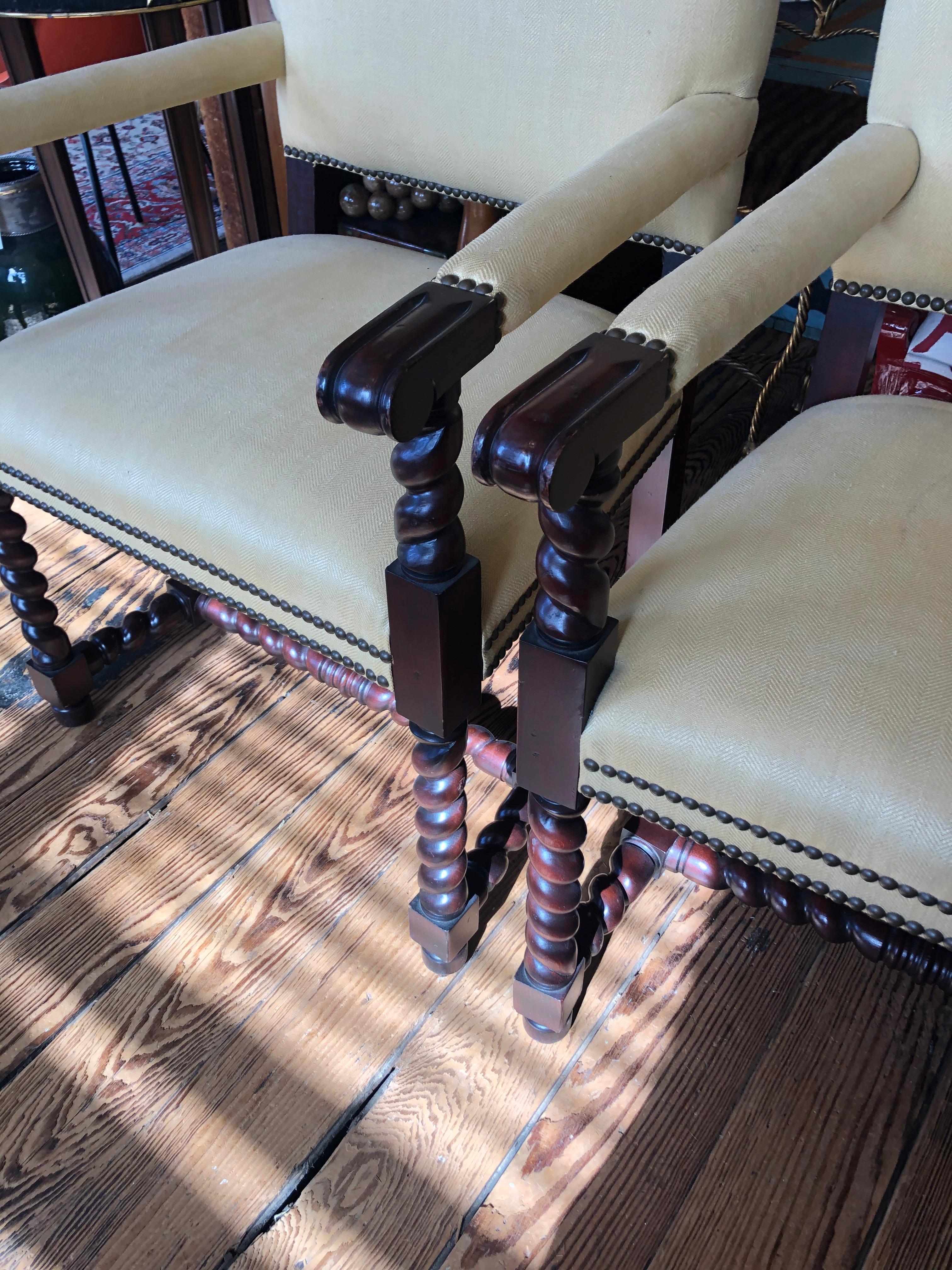 Set of 4 Tudor Style Mahogany Armchairs Dining Chairs with Barley Twist Legs 2