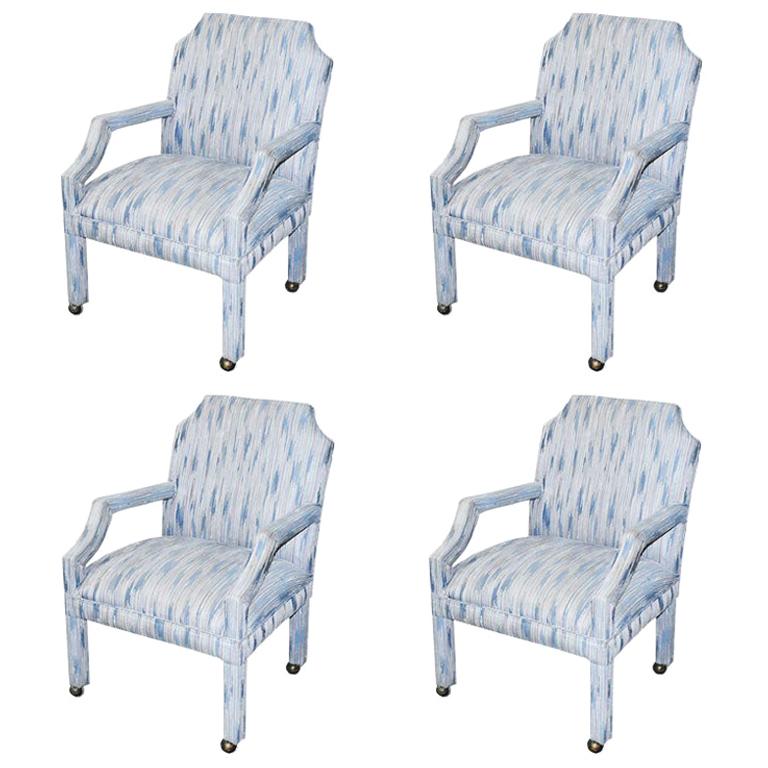 Set of 4 Upholstered Midcentury Dining Room Armchairs, After Milo Baughman