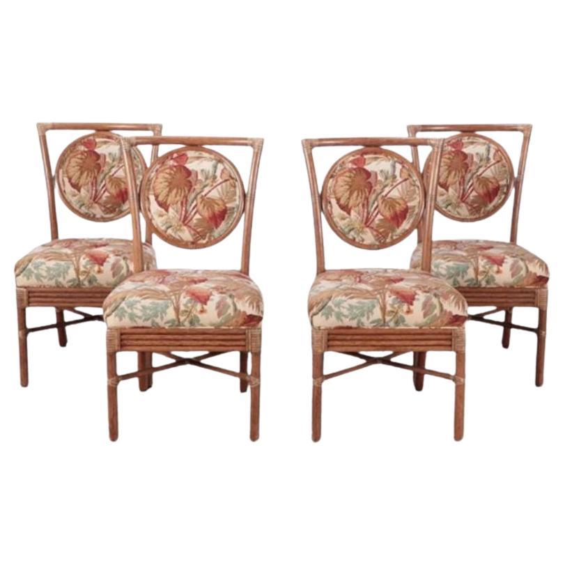 Set of 4 Upholstered Rattan Side Chairs For Sale