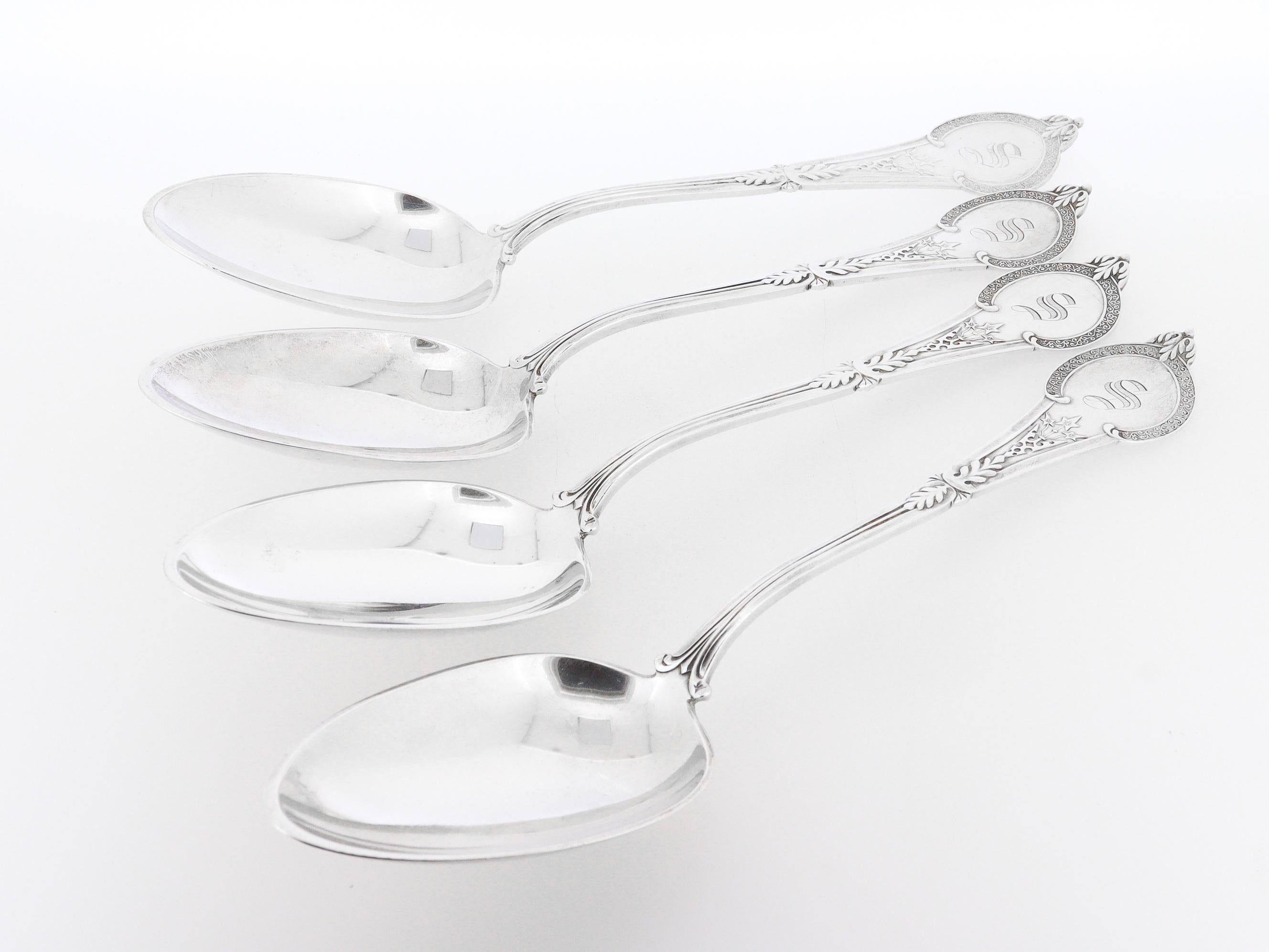 A fine set of 4 antique California silver place spoons.

In coin silver. 

By Vanderslice. 

In the Comstock pattern.

Monogrammed with an 