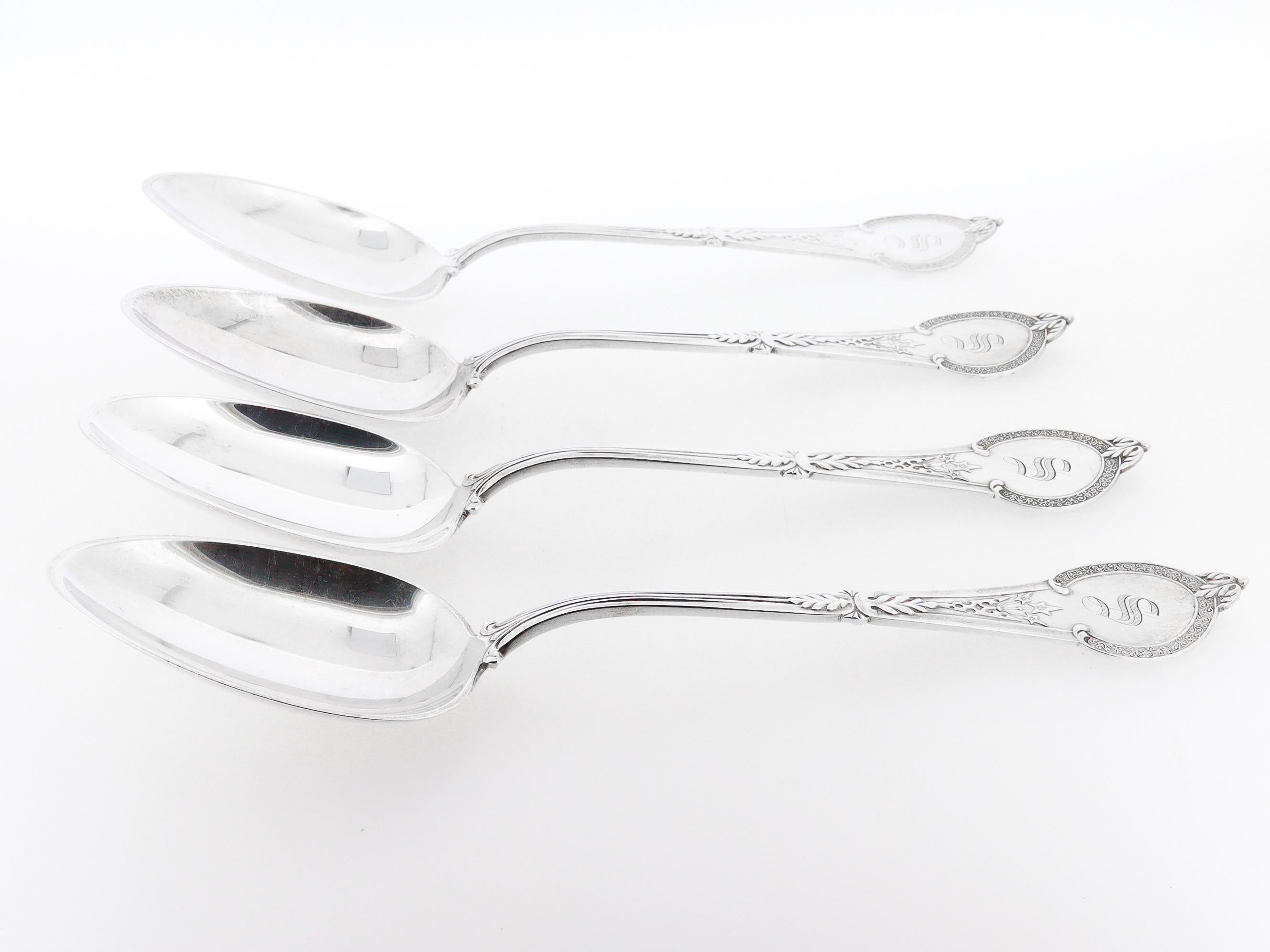 Victorian Set of 4 Vanderslice San Francisco, CA Coin Silver Comstock 8 in. Place Spoons For Sale