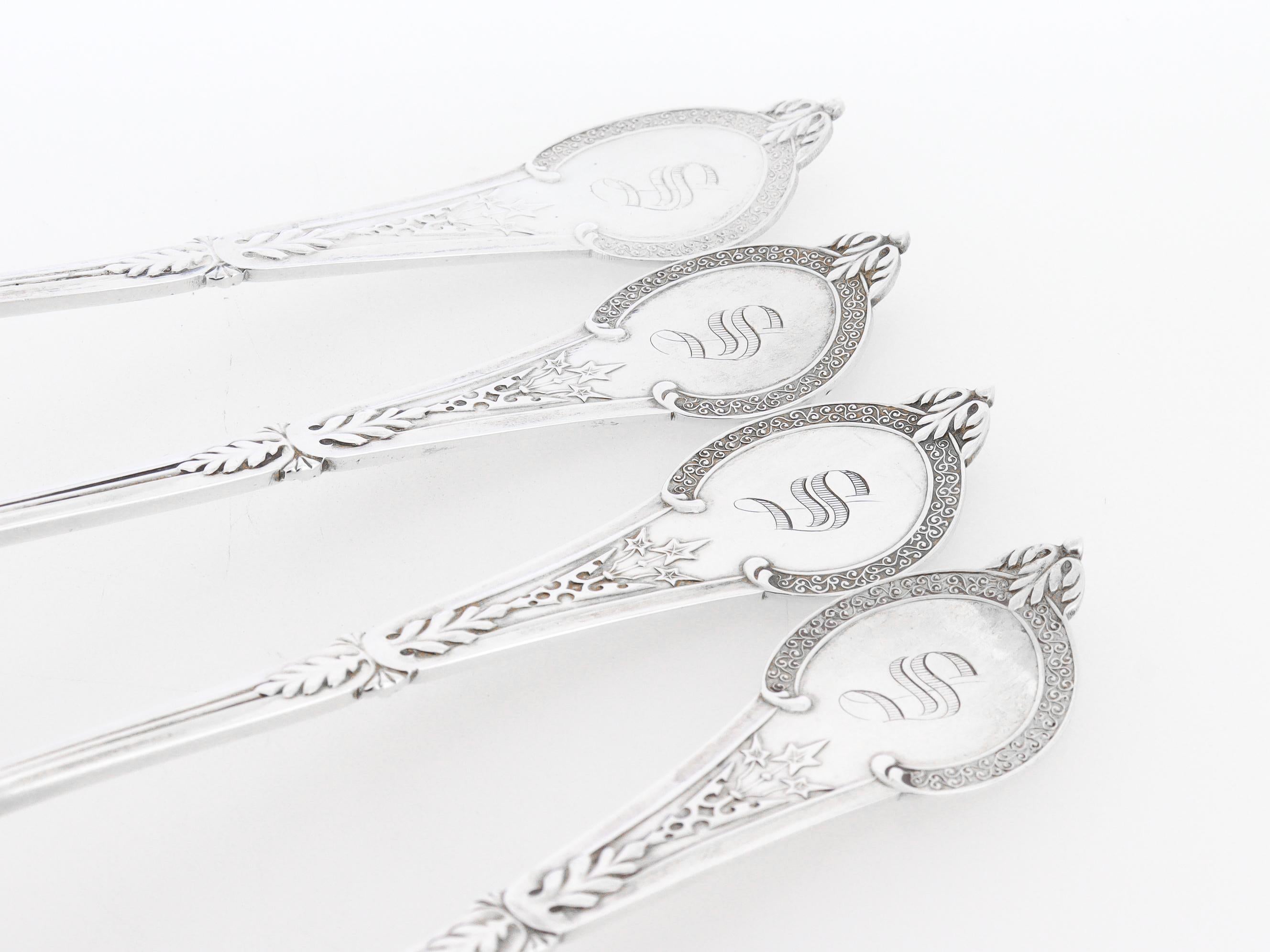Set of 4 Vanderslice San Francisco, CA Coin Silver Comstock 8 in. Place Spoons For Sale 2