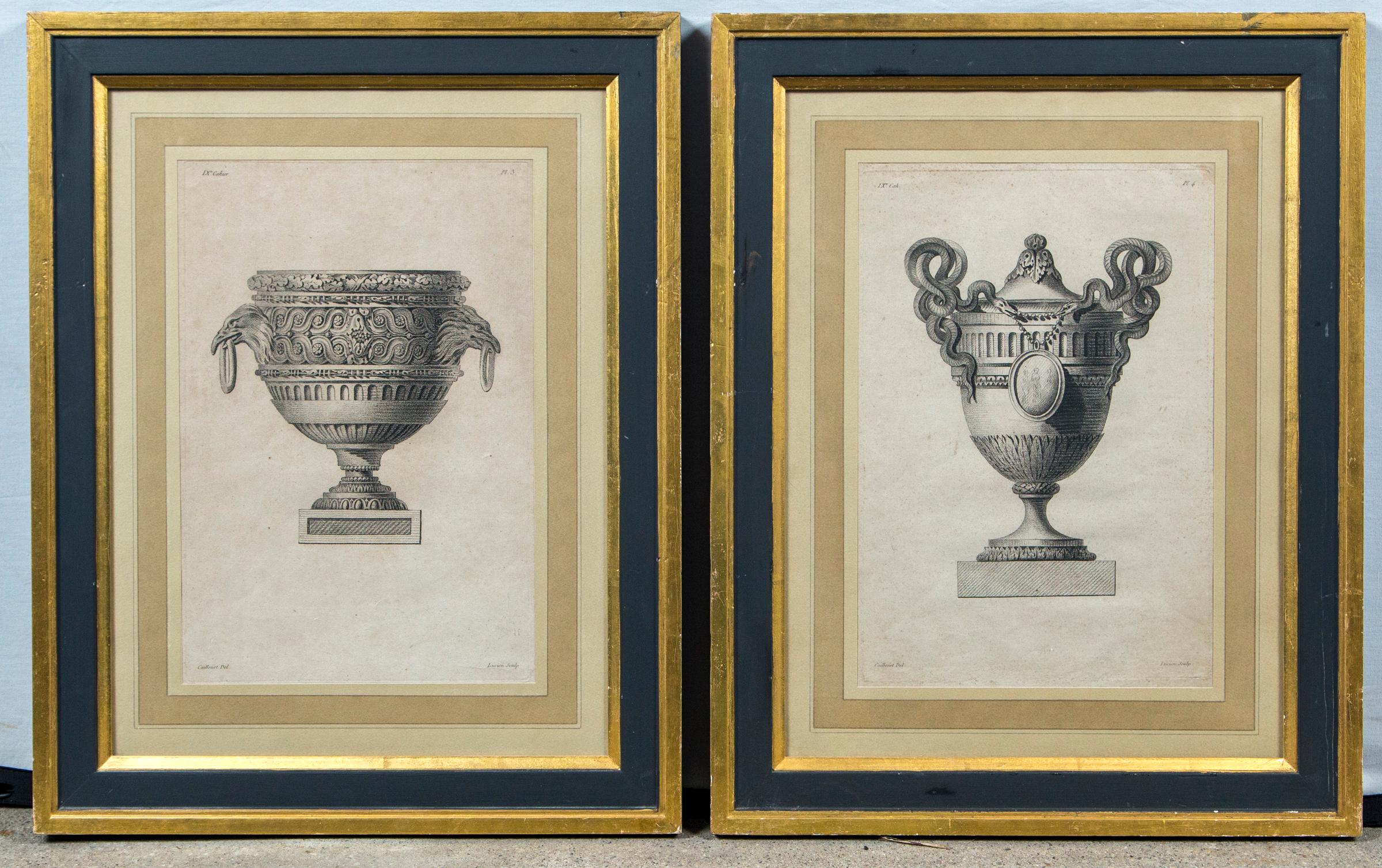 Ensemble de 4 gravures de vases encadrées par Andre-Louis Caillouet (1778-1817), France, fin du XVIIIe siècle. Chaque gravure représente un style différent de vase ornemental, issu de la série 