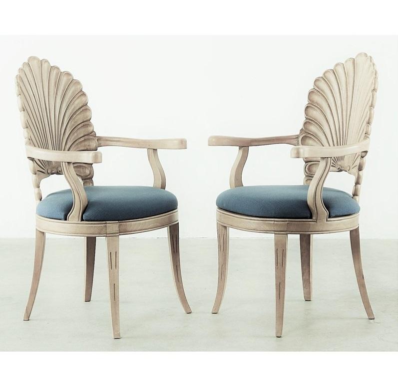 Add a daringly stylish essence to your dining room design with these Grotto style shell back dining chairs. Consist of four armchairs. These were handcrafted by highly talented artisans throughout Europe and represents the most exceptional quality