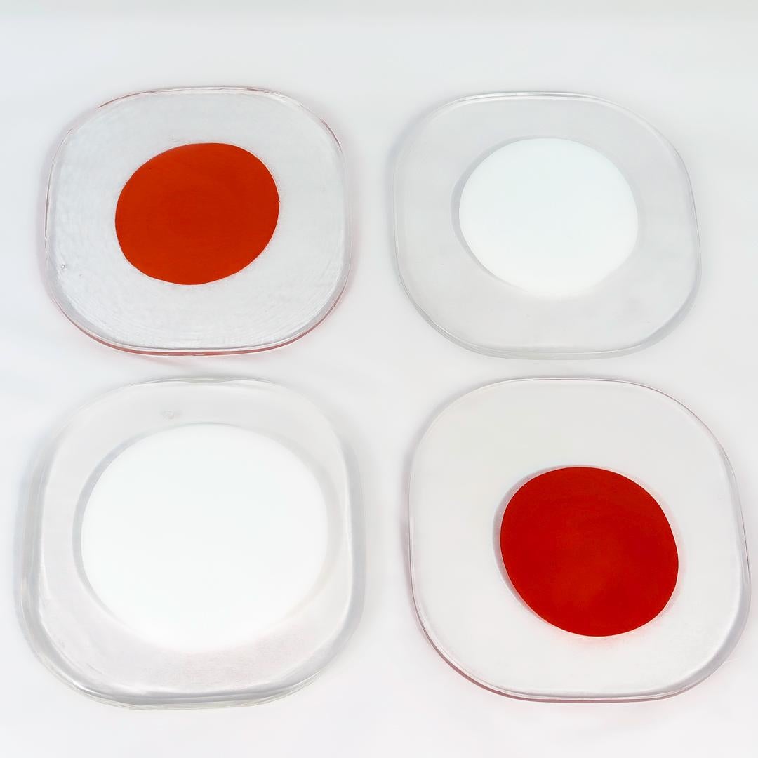 Mid-Century Modern Set of 4 Venini Italian Glass Red & White Dot Plates by Pierre Cardin  For Sale