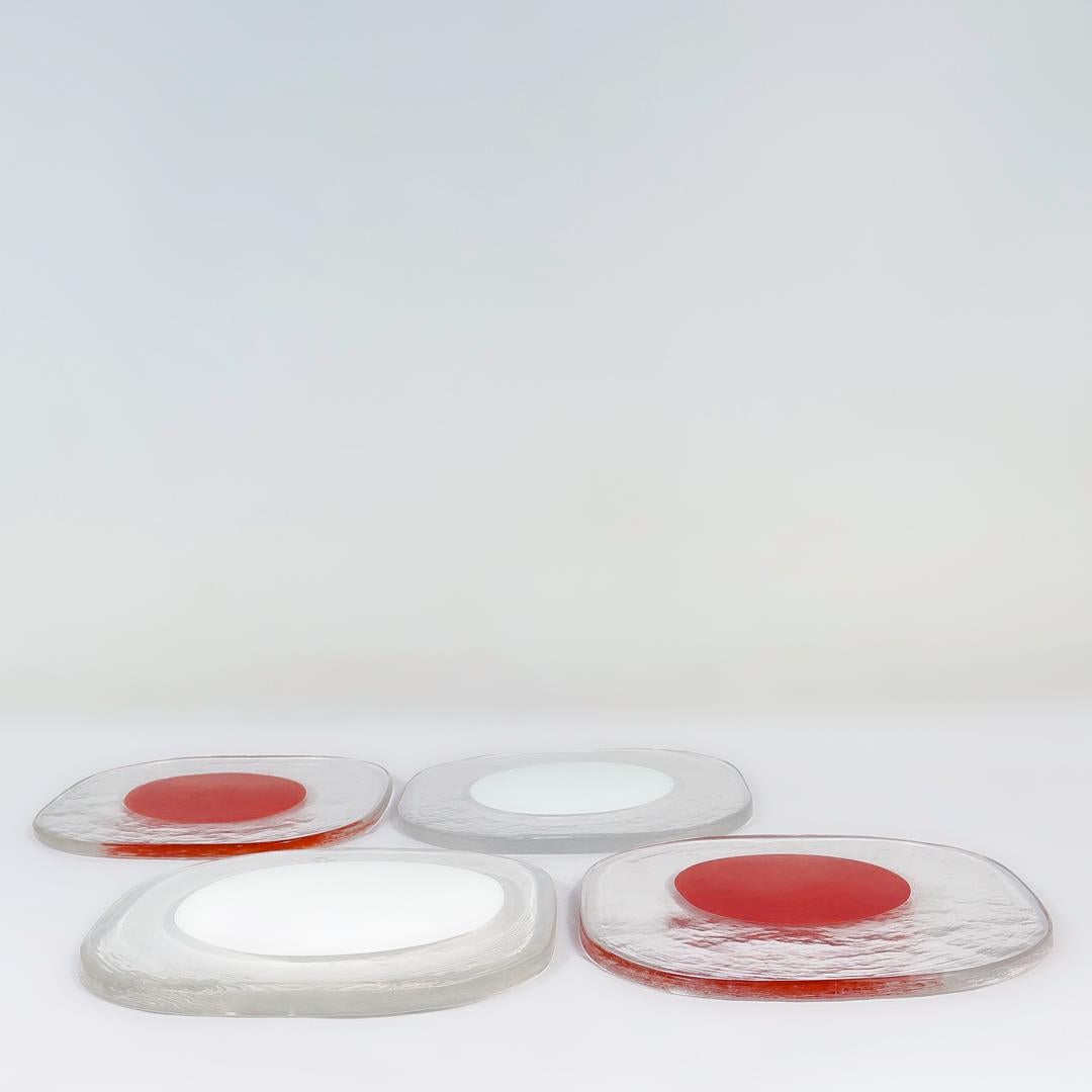 Set of 4 Venini Italian Glass Red & White Dot Plates by Pierre Cardin In Good Condition For Sale In Philadelphia, PA