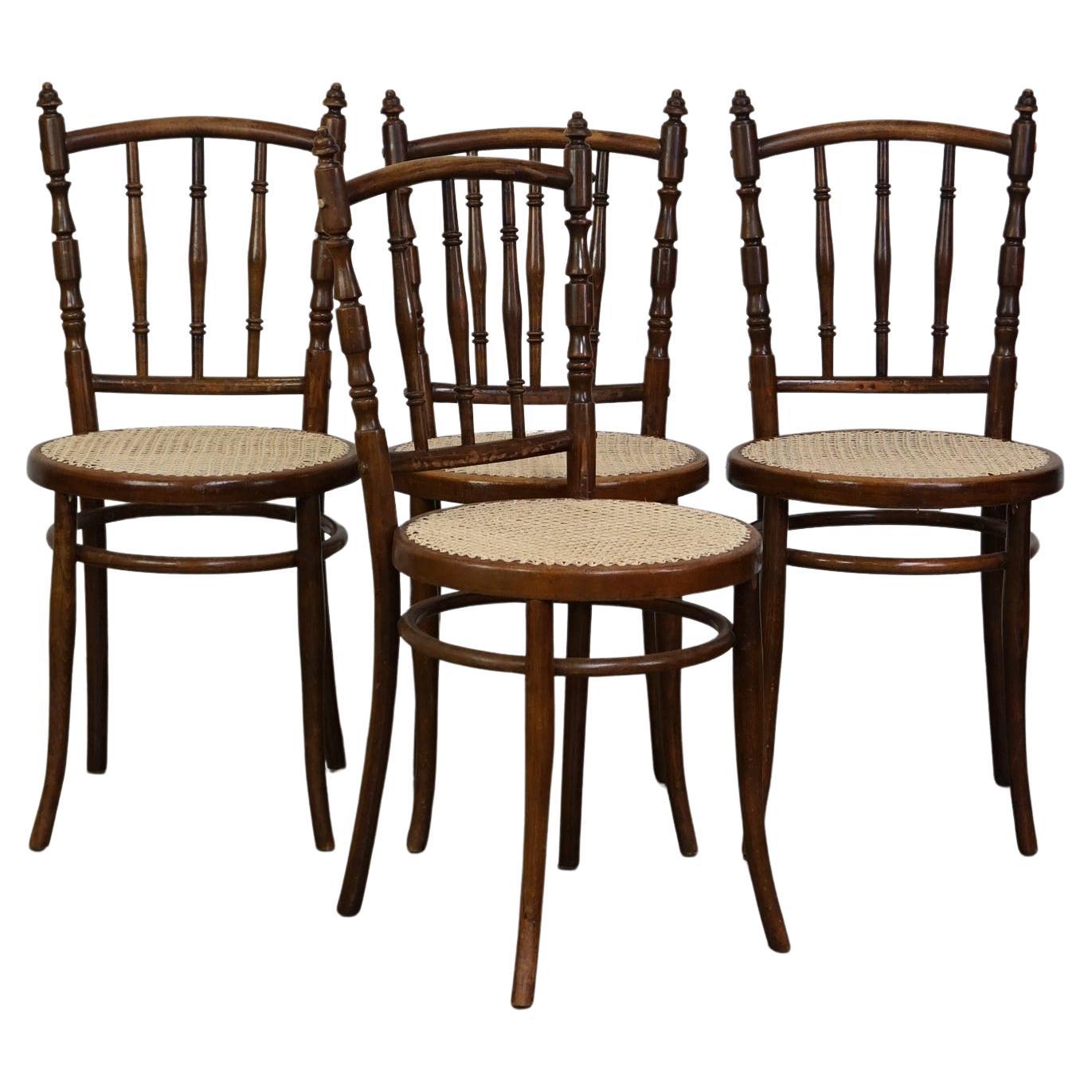Set of 4 very charming antique Thonet bistro chairs with new matte seats For Sale