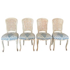 Set of 4 Very Pretty Italian Louis XV Painted Caned and Upholstered Side Chairs