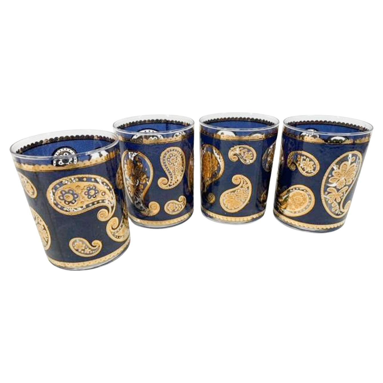 Set of 4 Very RARE Culver, LTD Rocks Glasses in the Blue Paisley Pattern