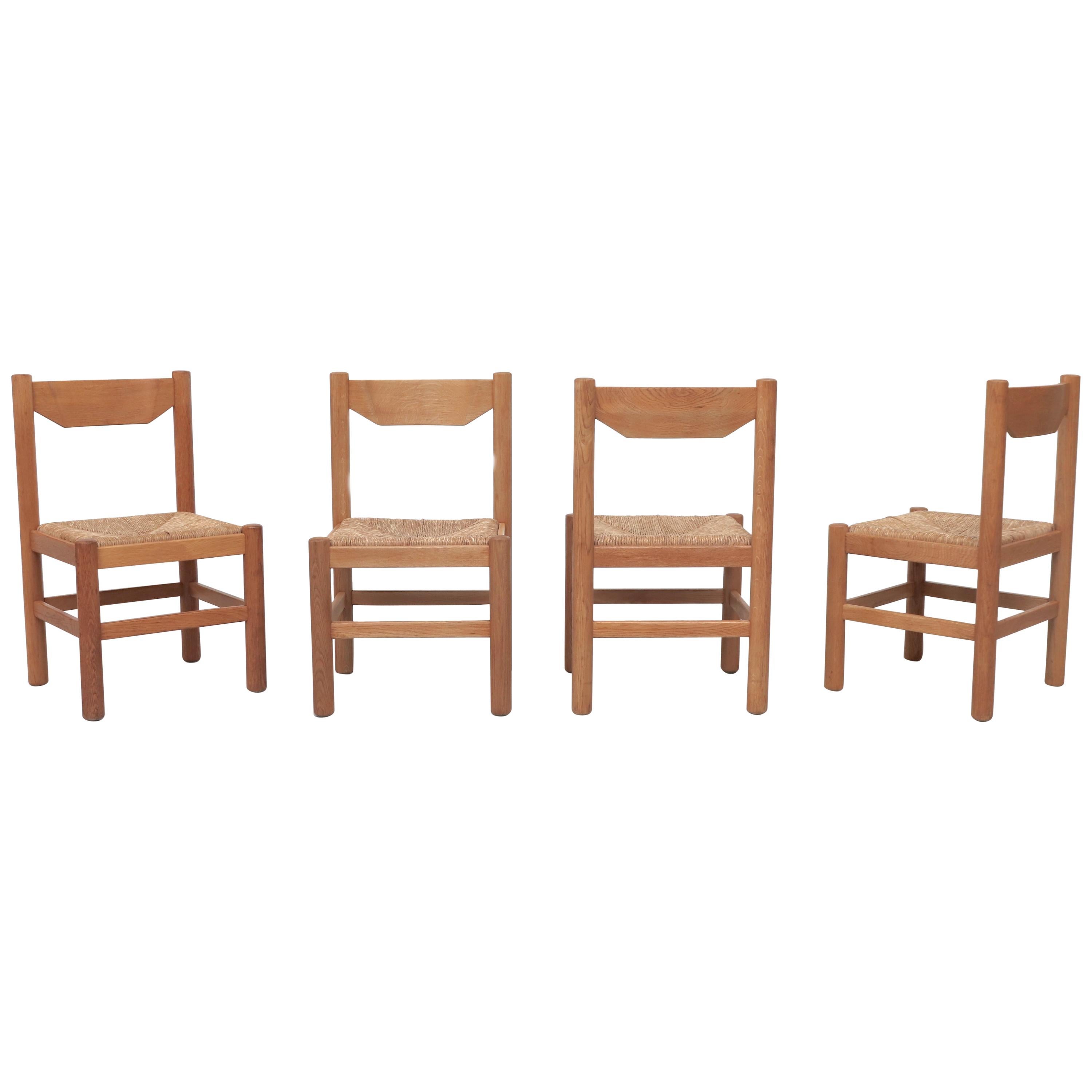 Set of 4 Vico Magistretti Attribute Oak and Rush Dining Chairs
