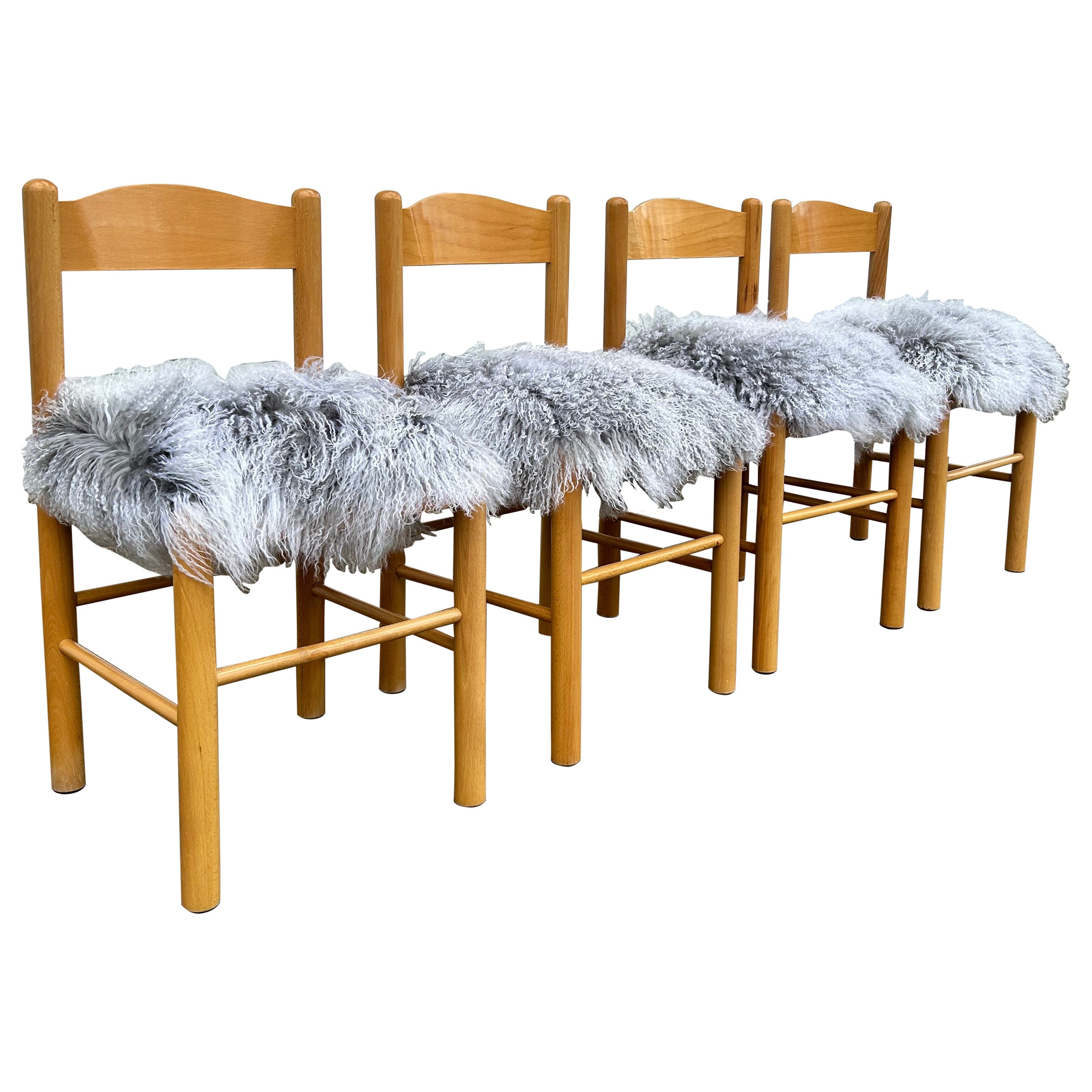 Set of (4) Vico Magistretti Style Dining Chairs in Tibetan Long Hair Sheepskin