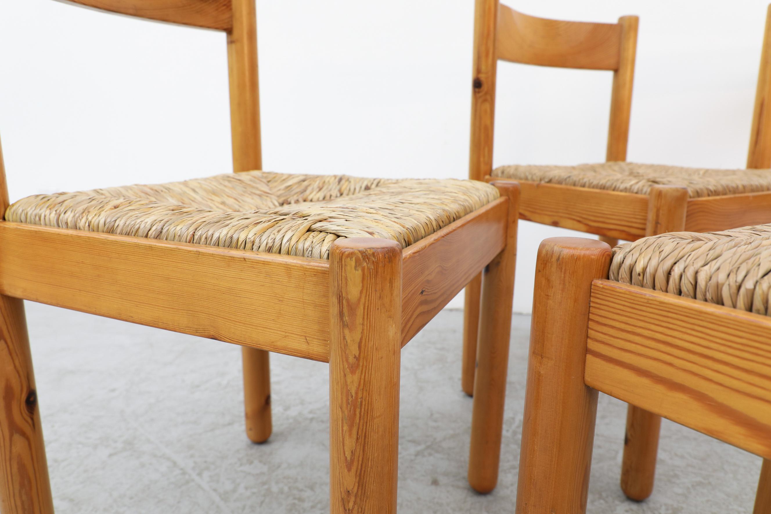 Set of 4 Vico Magistretti Style Pine Dining Chairs with Woven Rush Seats For Sale 7