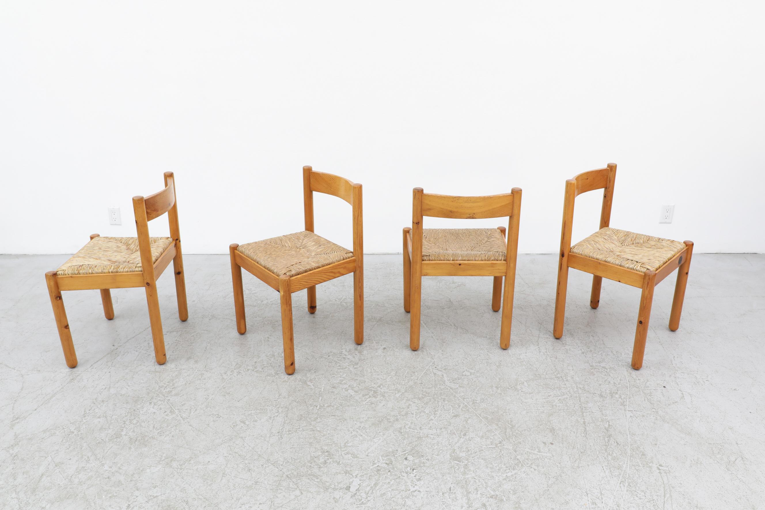 Mid-Century Modern Ensemble de 4 chaises de salle à manger en pin de style Vico Magistretti avec sièges en jonc tissé en vente