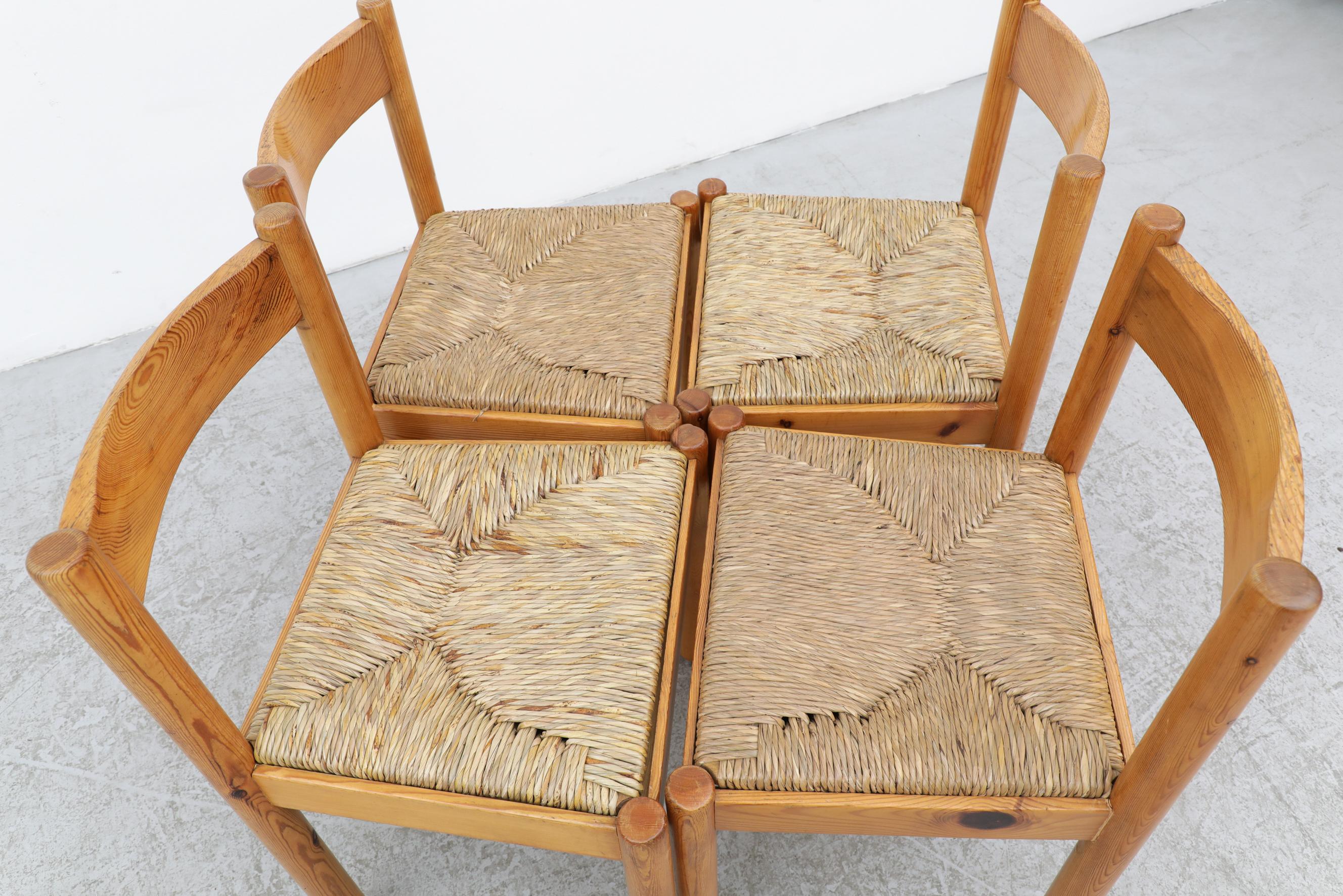 Dutch Set of 4 Vico Magistretti Style Pine Dining Chairs with Woven Rush Seats For Sale