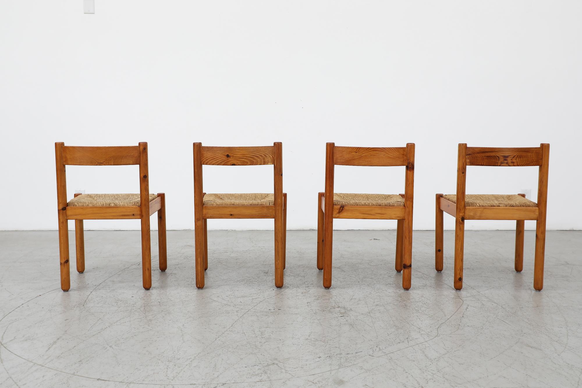 Mid-20th Century Set of 4 Vico Magistretti Style Pine Dining Chairs w/ Rush Seats & Rounded Legs For Sale