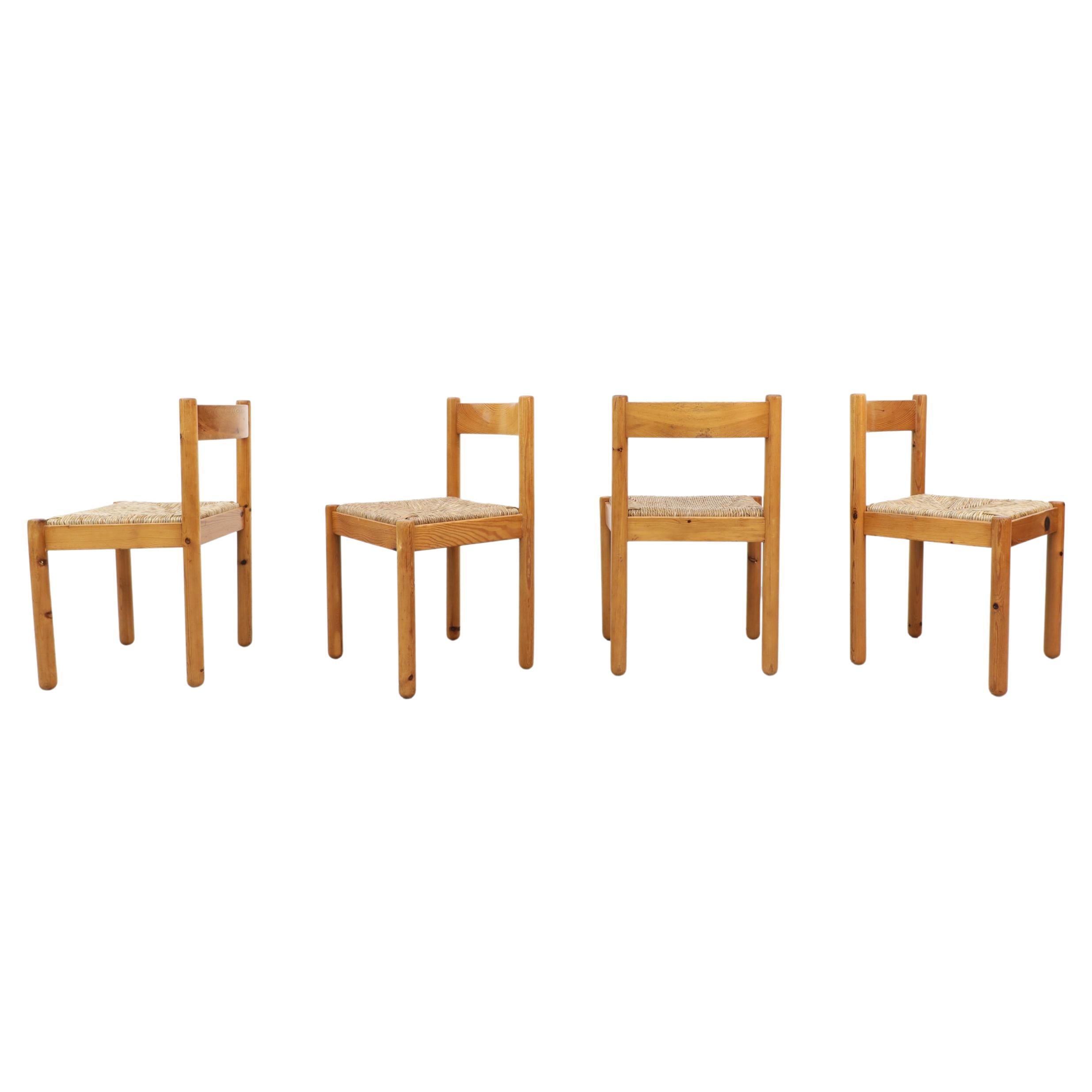 Set of 4 Vico Magistretti Style Pine Dining Chairs with Woven Rush Seats For Sale