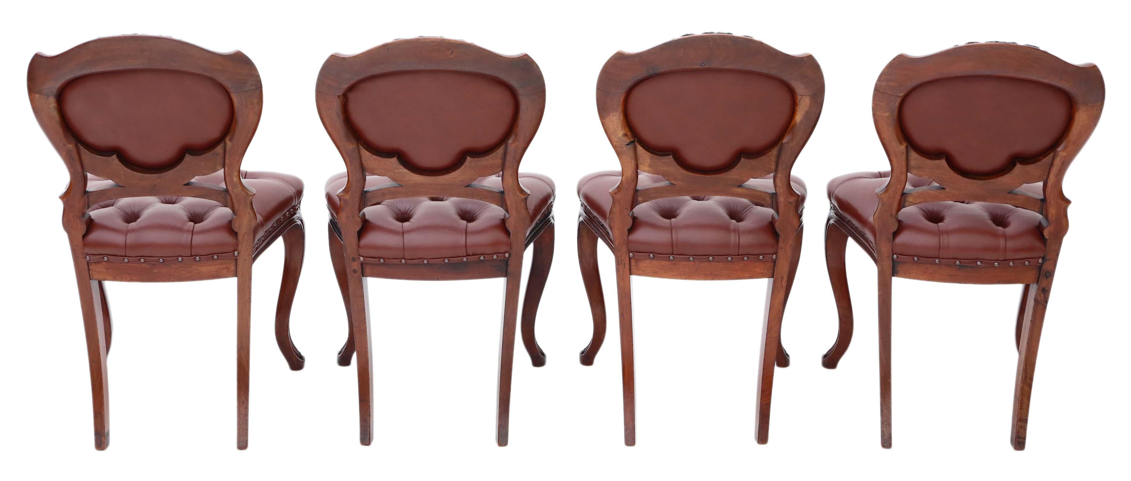 Antique set of 4 Victorian circa 1870 mahogany dining chairs.
Recently restored, solid and strong, with no loose joints and replacement deep button leather upholstery. Very decorative.
Would look great in the right location!
Overall maximum