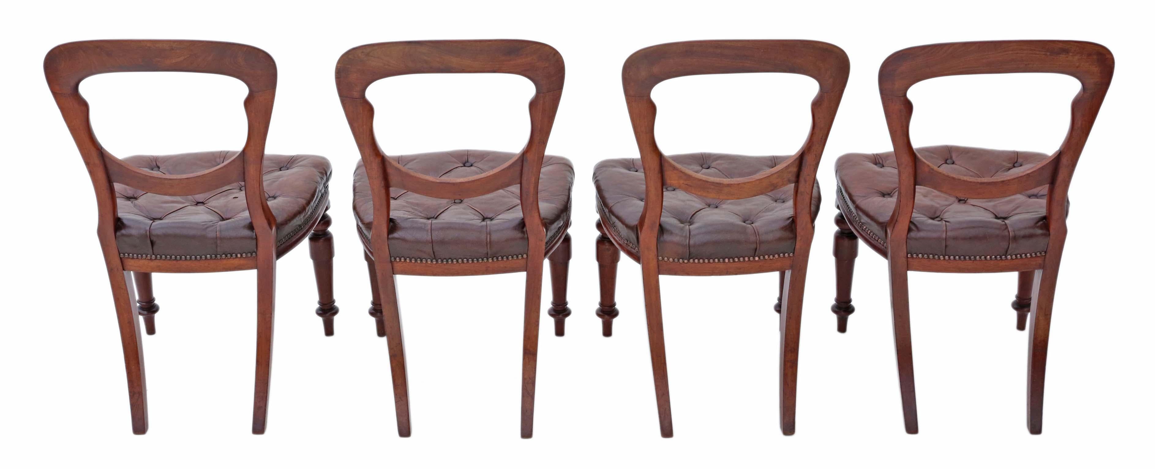 Antique quality set of 4 Victorian circa 880 mahogany dining chairs.
Solid, heavy and strong, with no loose joints. Deep button patinated brown leather upholstery. Very decorative. No woodworm.
Would look great in the right location!
Overall