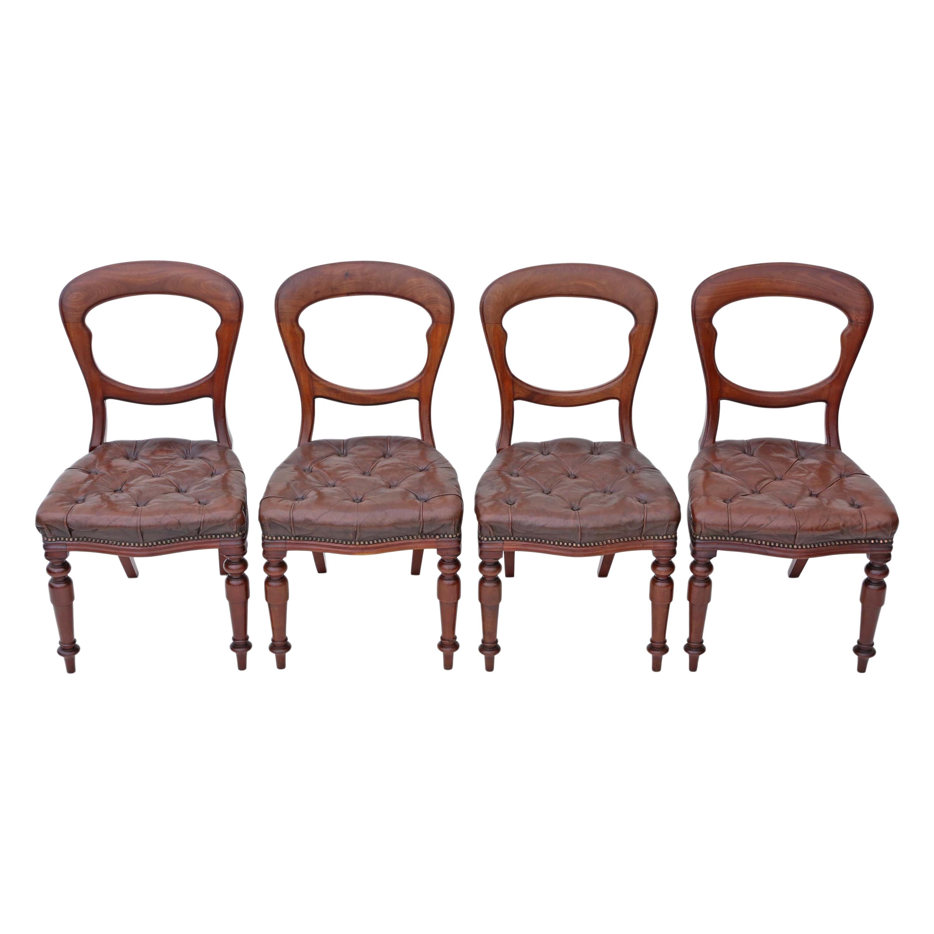 Set of 4 Victorian circa 1880 Mahogany Leather Balloon Back Dining Chairs