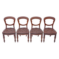 Antique Set of 4 Victorian circa 1880 Mahogany Leather Balloon Back Dining Chairs