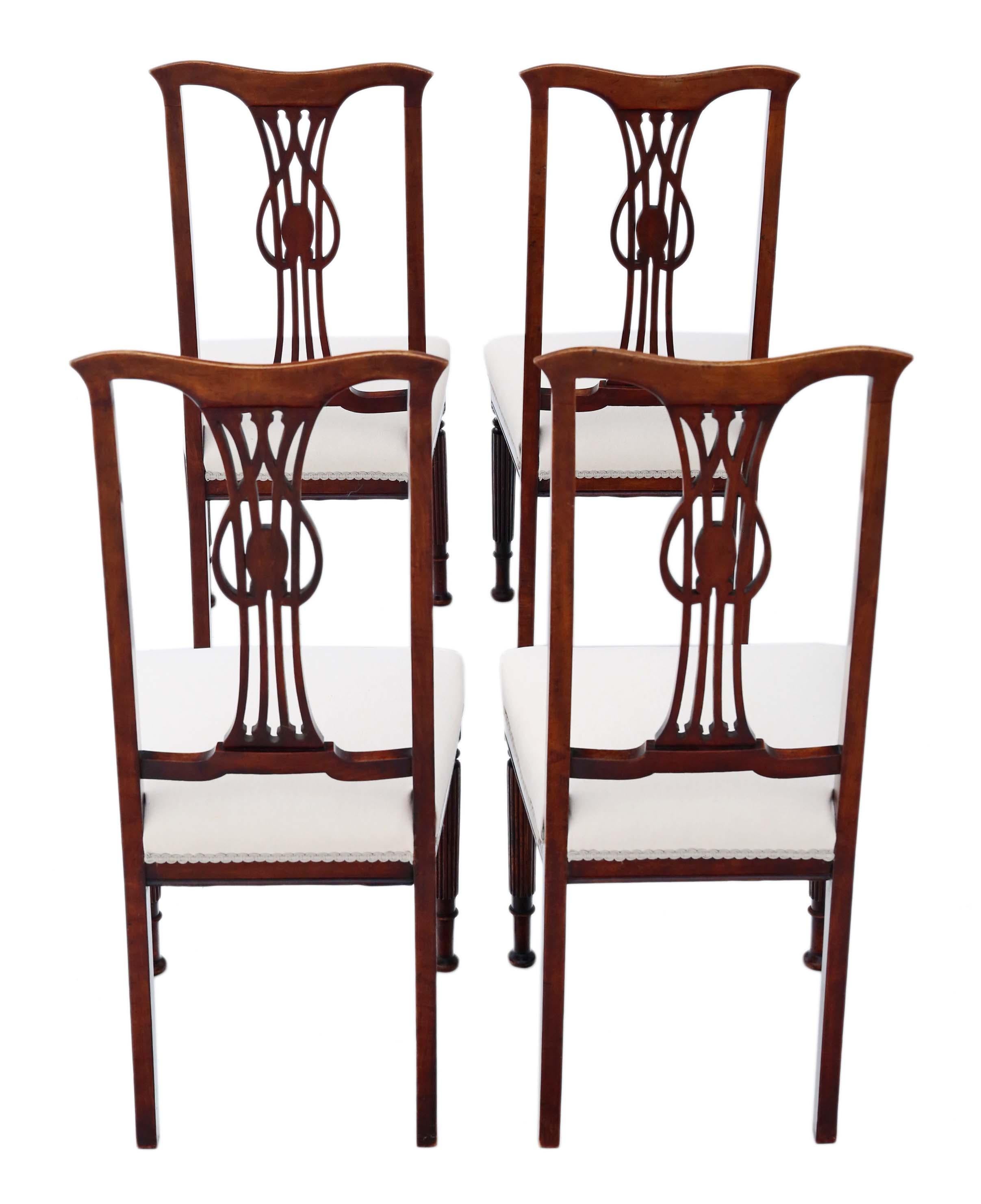 Set of 4 Victorian circa 1900 Art Nouveau inlaid mahogany dining chairs.
Strong with no loose joints and no woodworm. A rare find.
New upholstery in a heavy weight upholstery fabric, with an off white color.
Would look great in the right