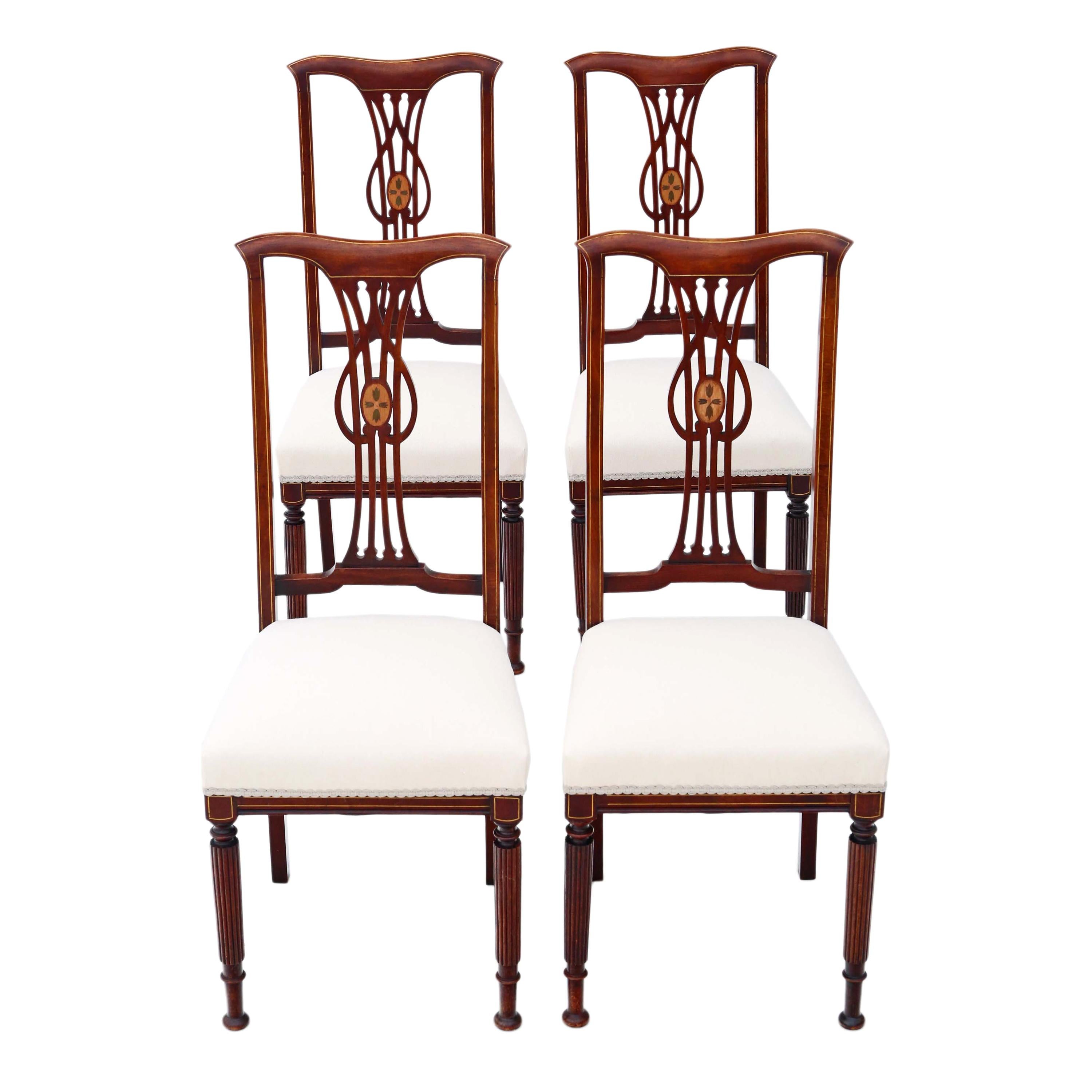 Set of 4 Victorian circa 1900 Art Nouveau Inlaid Mahogany Dining Chairs