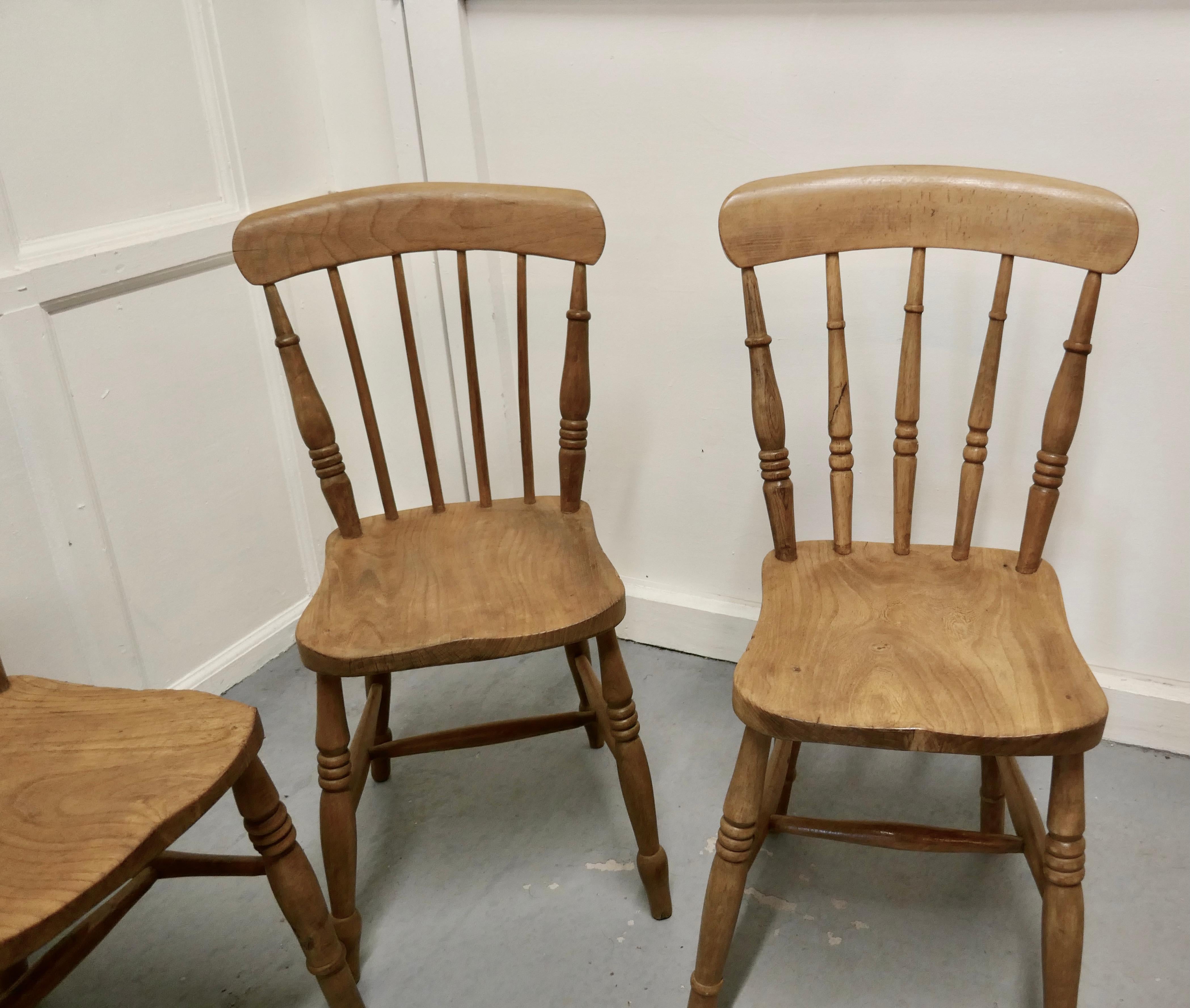 19th Century Set of 4 Victorian Elm Seated Stick Back Kitchen Dining Chairs
