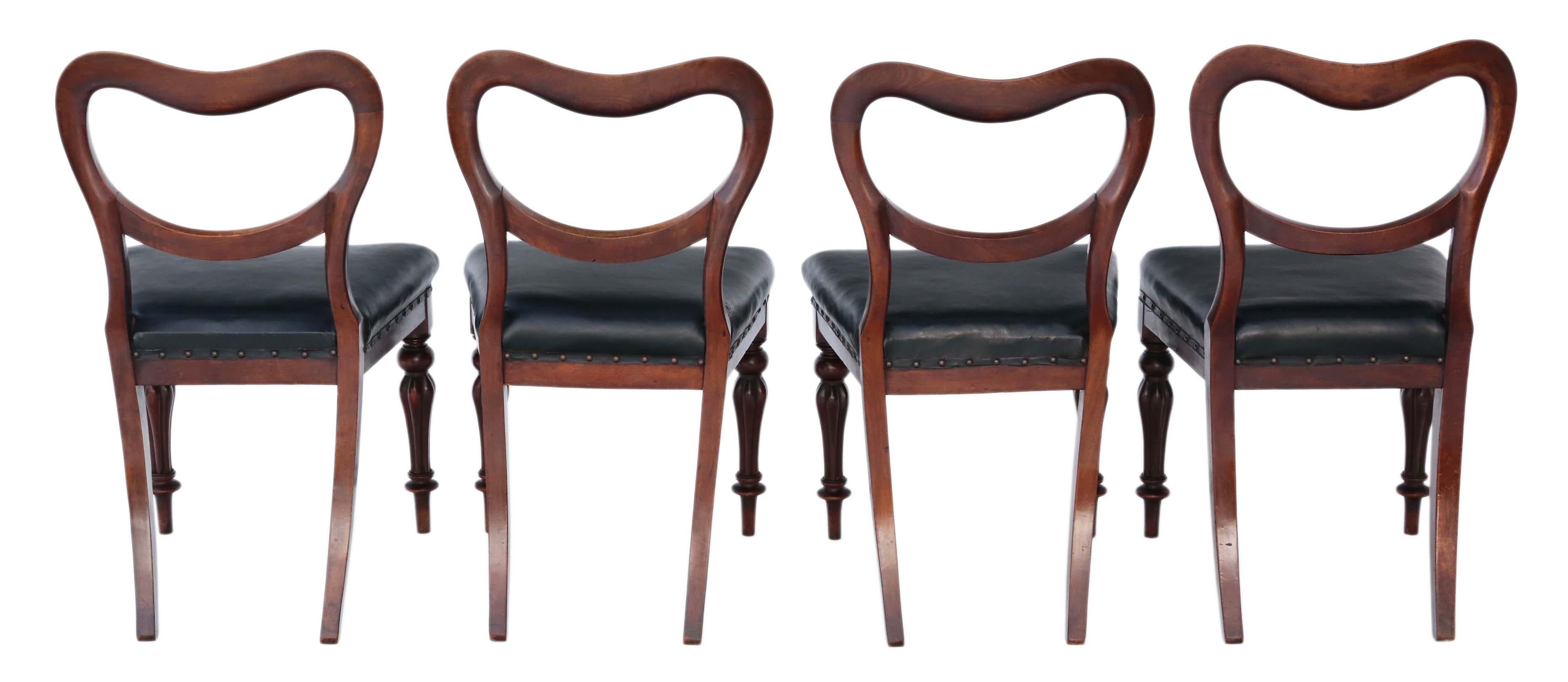 Antique quality set of 4 William IV \ Victorian mahogany cloud balloon back dining chairs, circa 1835-1850.
A very rare find with attractive mellon fluted legs.
Solid, heavy and strong with no loose joints.
Patinated dark green leather
