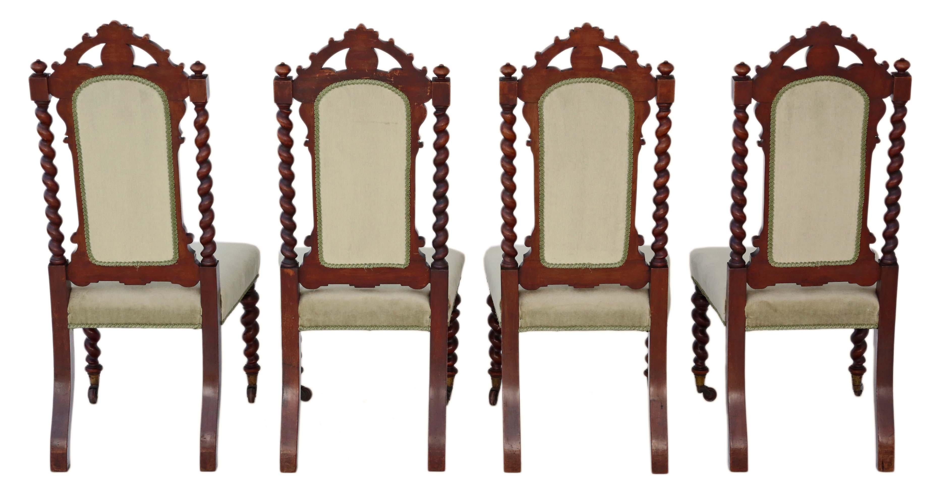 Antique quality set of 4 Victorian mahogany twist high back dining chairs, circa 1880.
A very rare find with attractive twist carved legs and backs. Grand imposing chairs.
Solid, heavy and strong with no loose joints and no woodworm.
Green velour